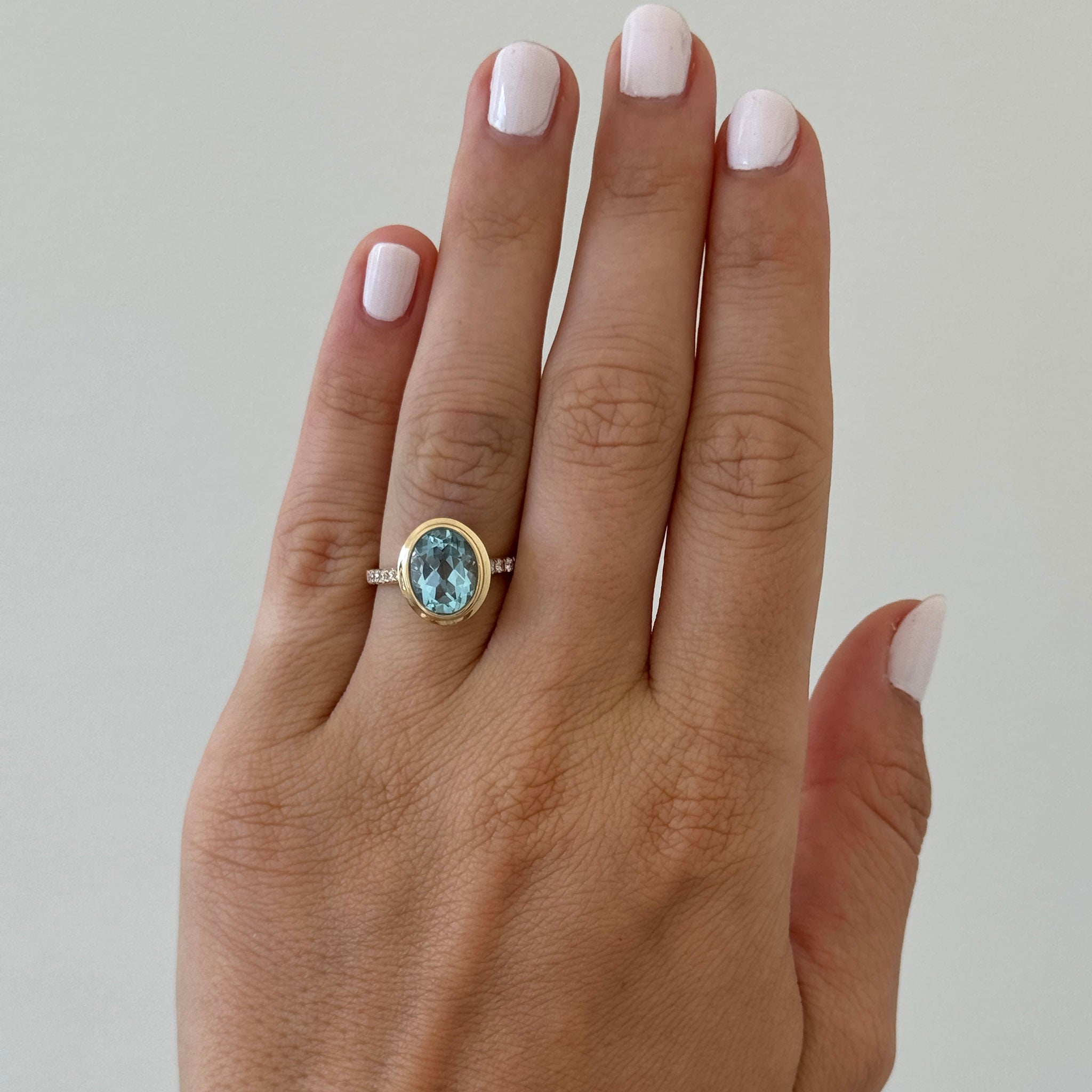 3.22ct Oval Blue Topaz & Pavé Diamond 18K Yellow Gold Ring