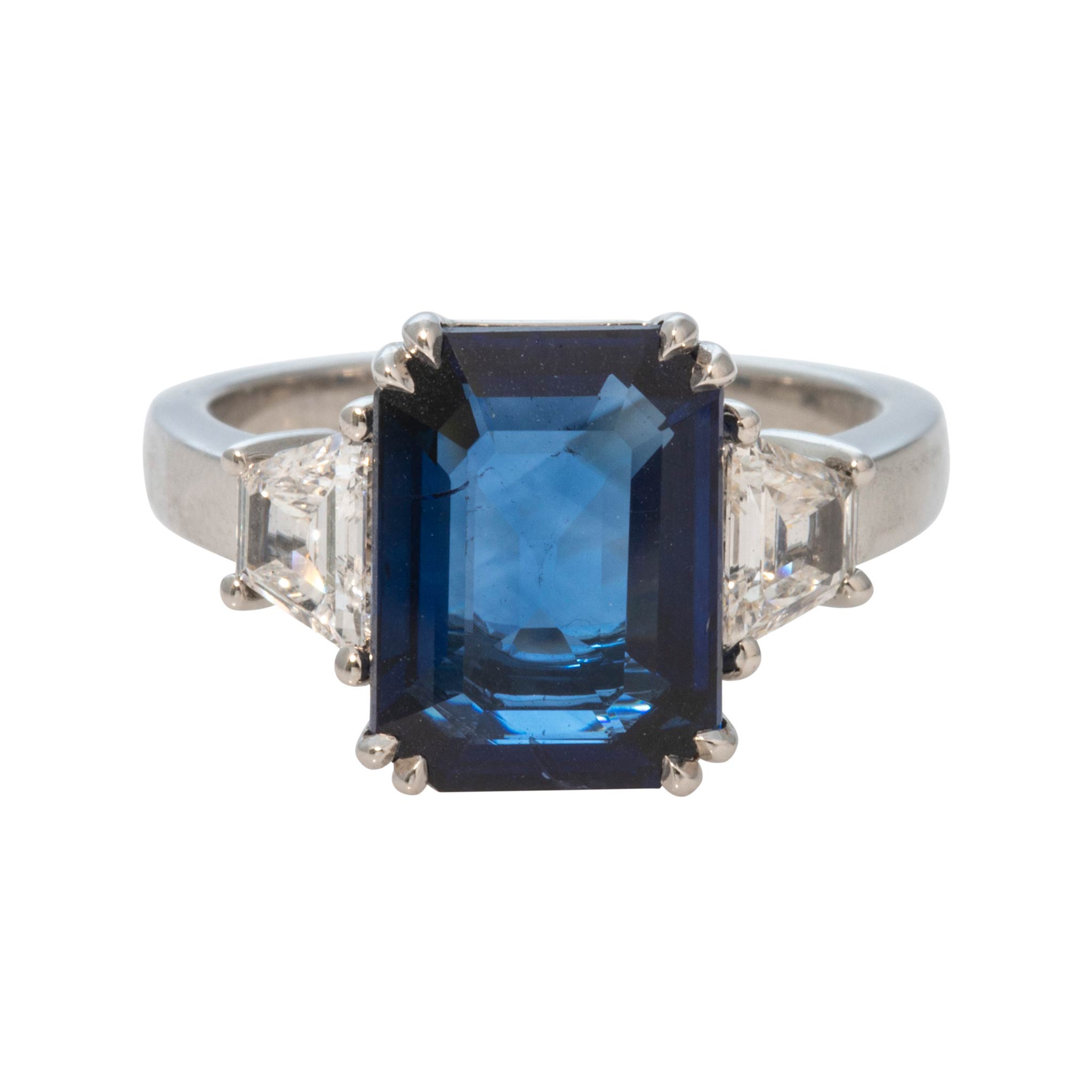 5ct Emerald-Cut Sapphire & Diamond Three-Stone Platinum Ring