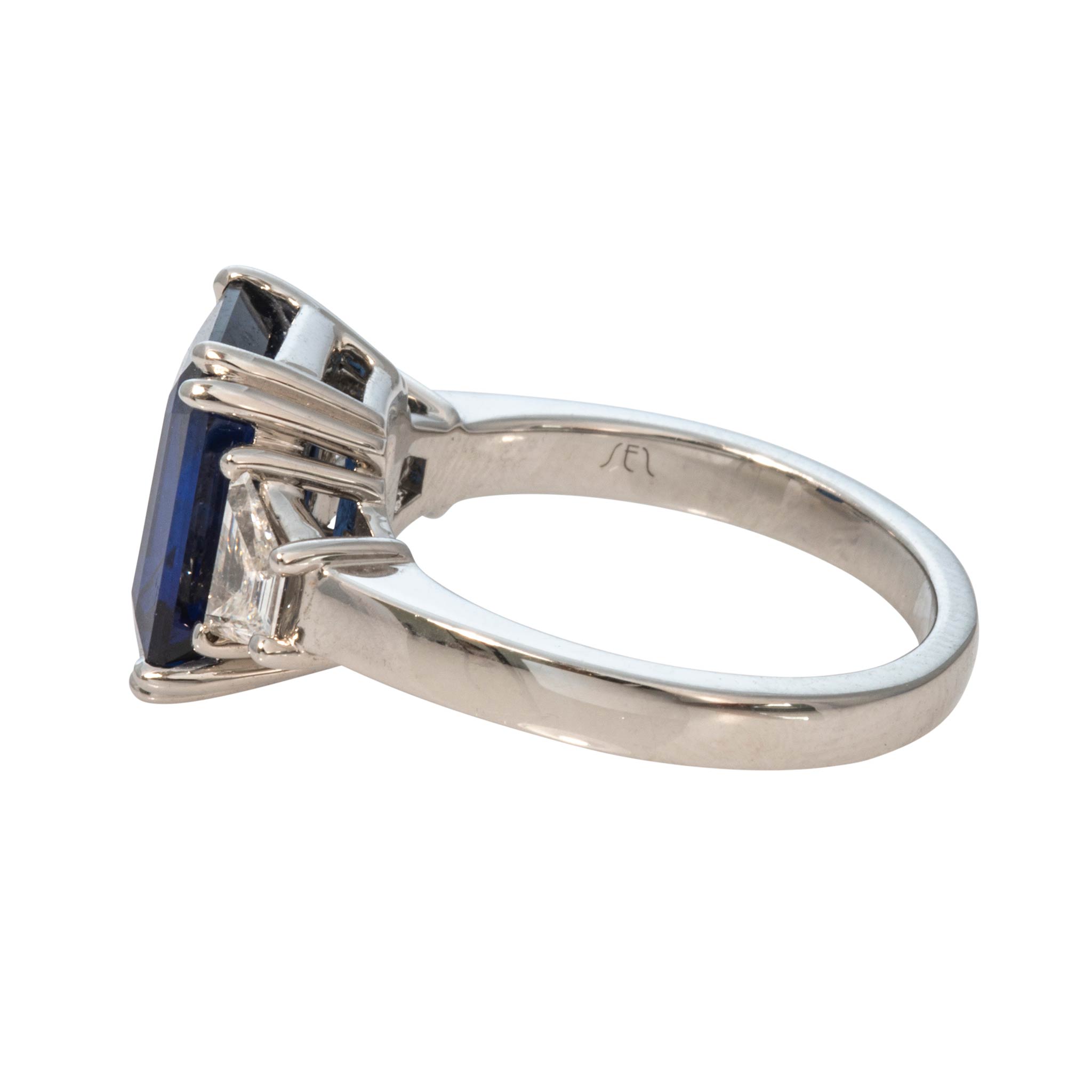 5ct Emerald-Cut Sapphire & Diamond Three-Stone Platinum Ring
