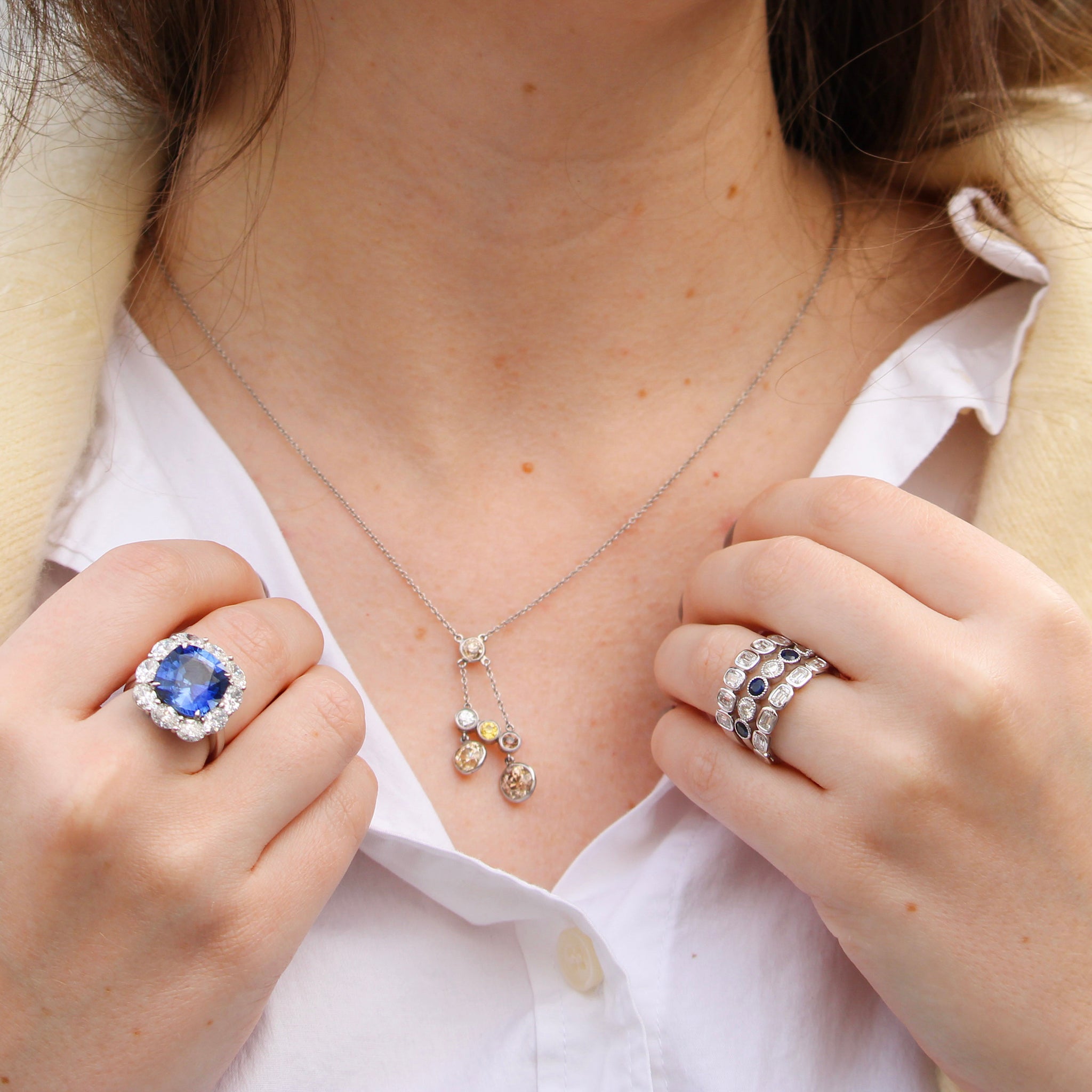 Cushion Sapphire & 3.11ctw Oval Diamond Platinum Ring, Estate 3ctw Multi Color Diamond Bezel Platinum Necklace, Sapphire & Diamond Bezel Milgrain Halfway 14K White Gold Band, Cushion Diamond Bezel Set 18K White Gold Halfway Band