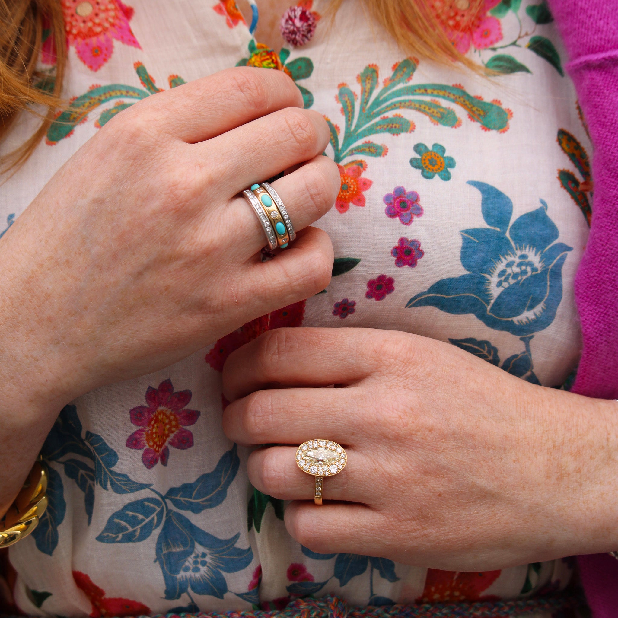 Oval Turquoise & Diamond 14K Yellow Gold Eternity Band, Single Stone Serafina Ring