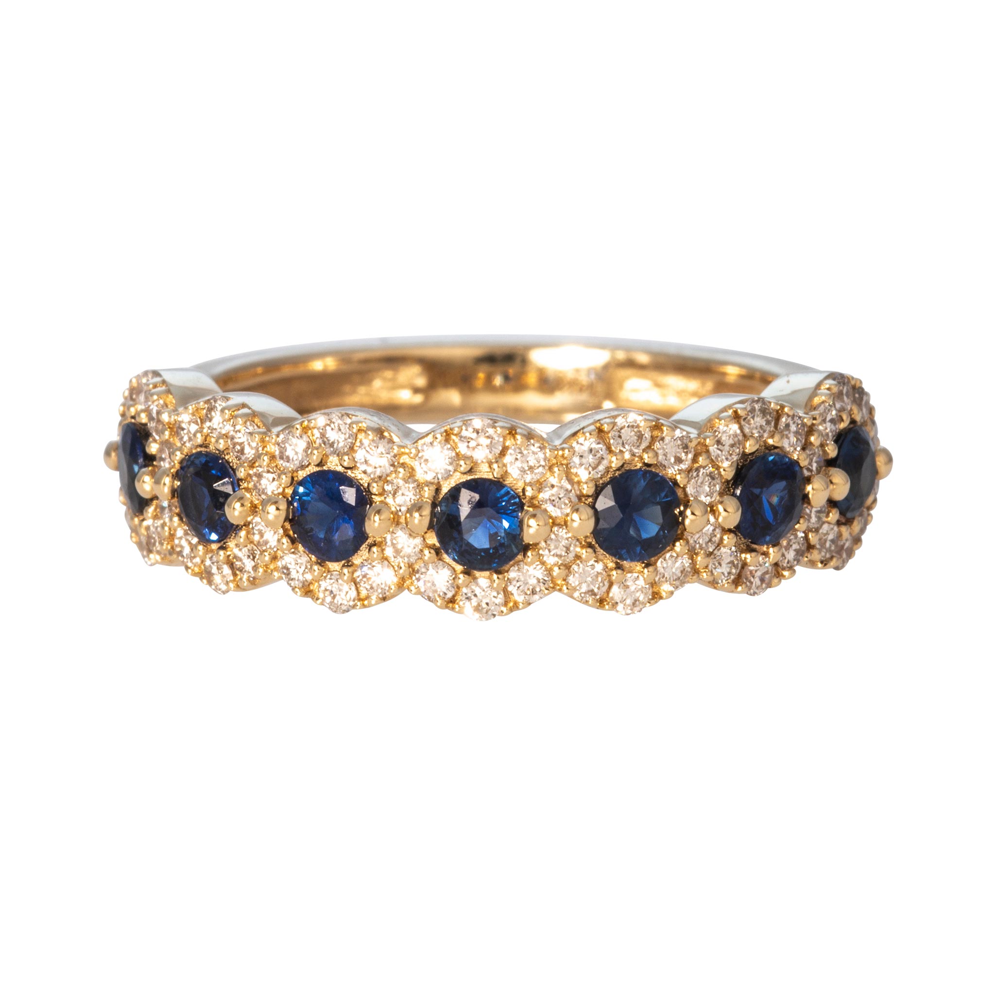 Sapphire & Diamond Halo Pavé 14K Yellow Gold Band
