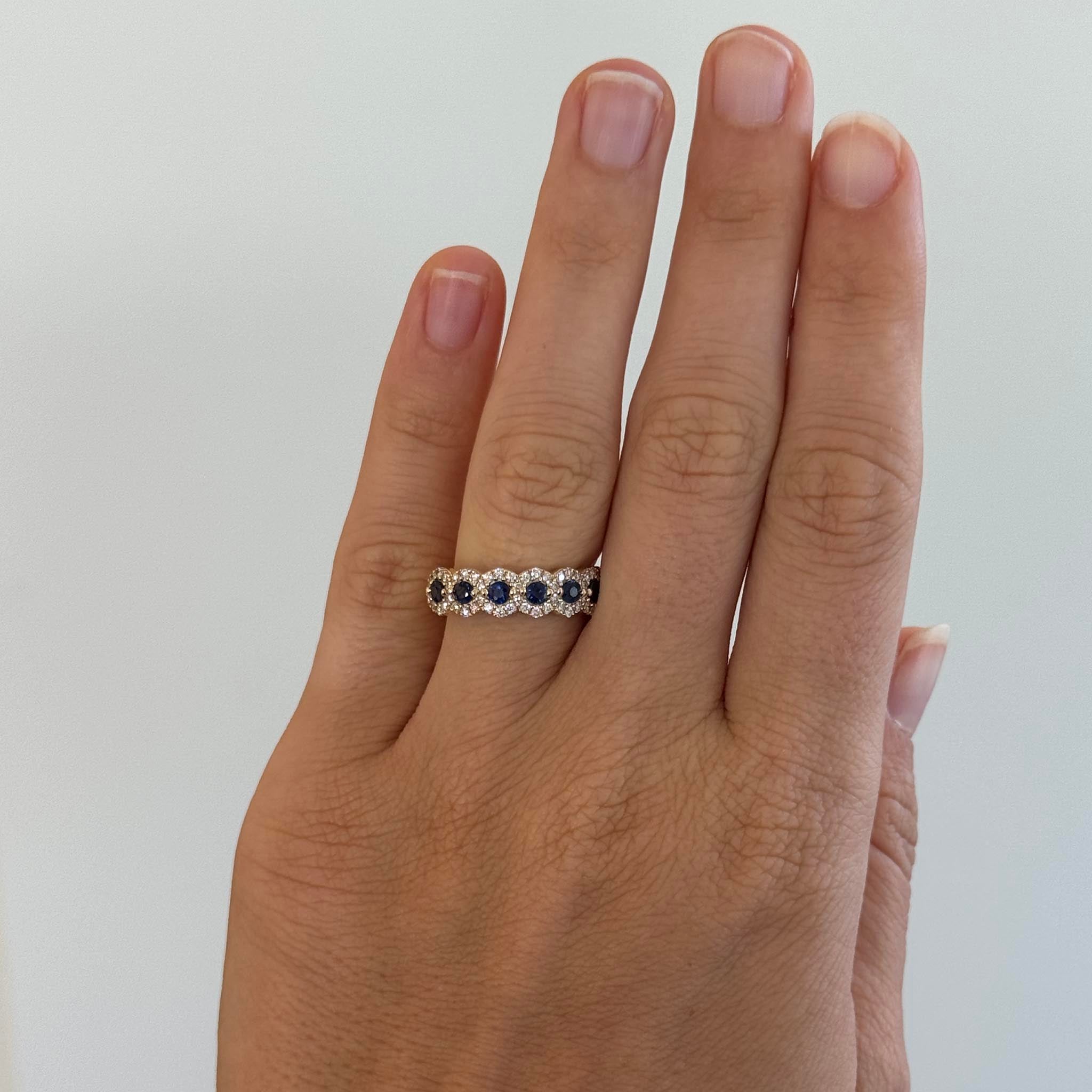 Sapphire & Diamond Halo Pavé 14K Yellow Gold Band
