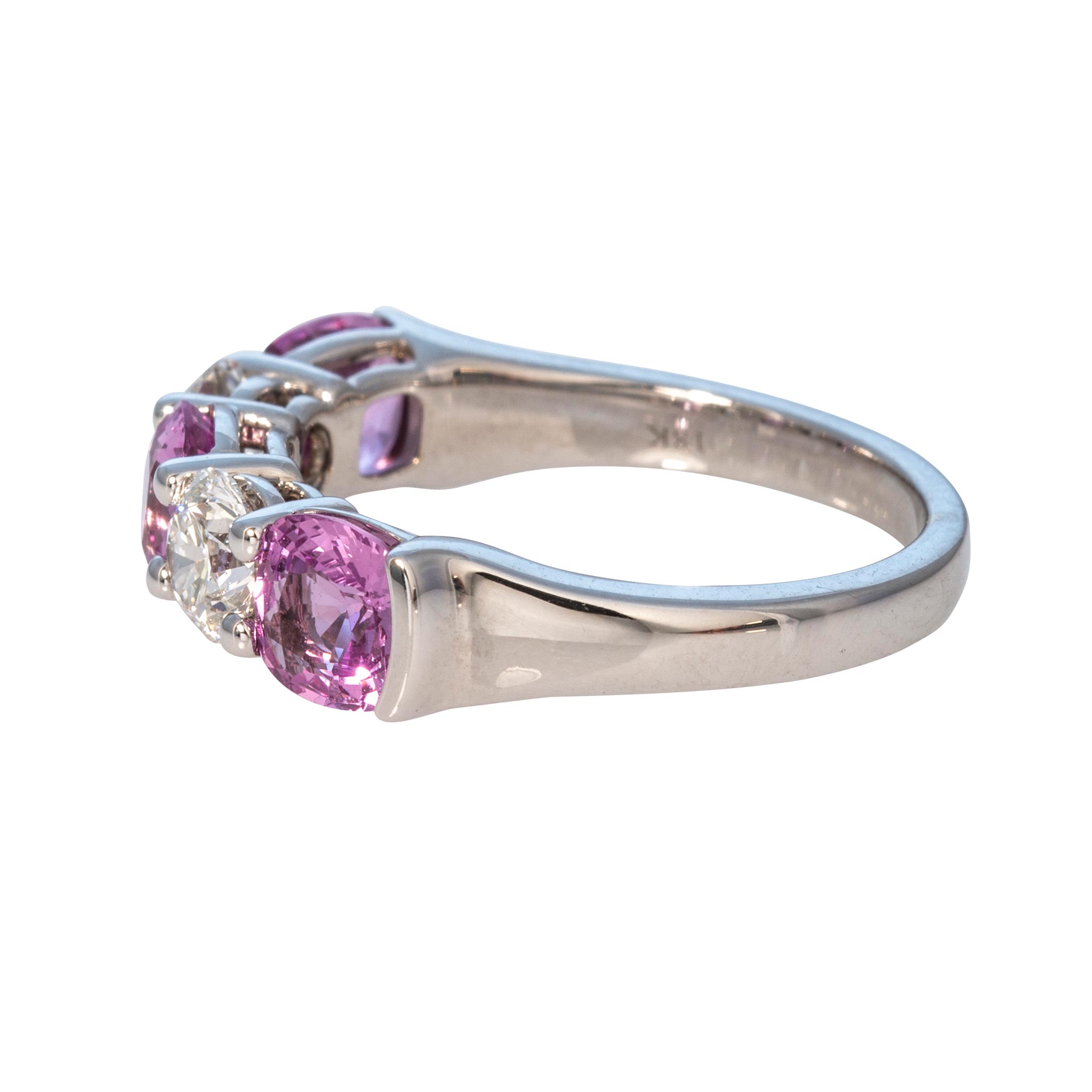 Cushion Pink Sapphire & Round Diamond 18K White Gold Band