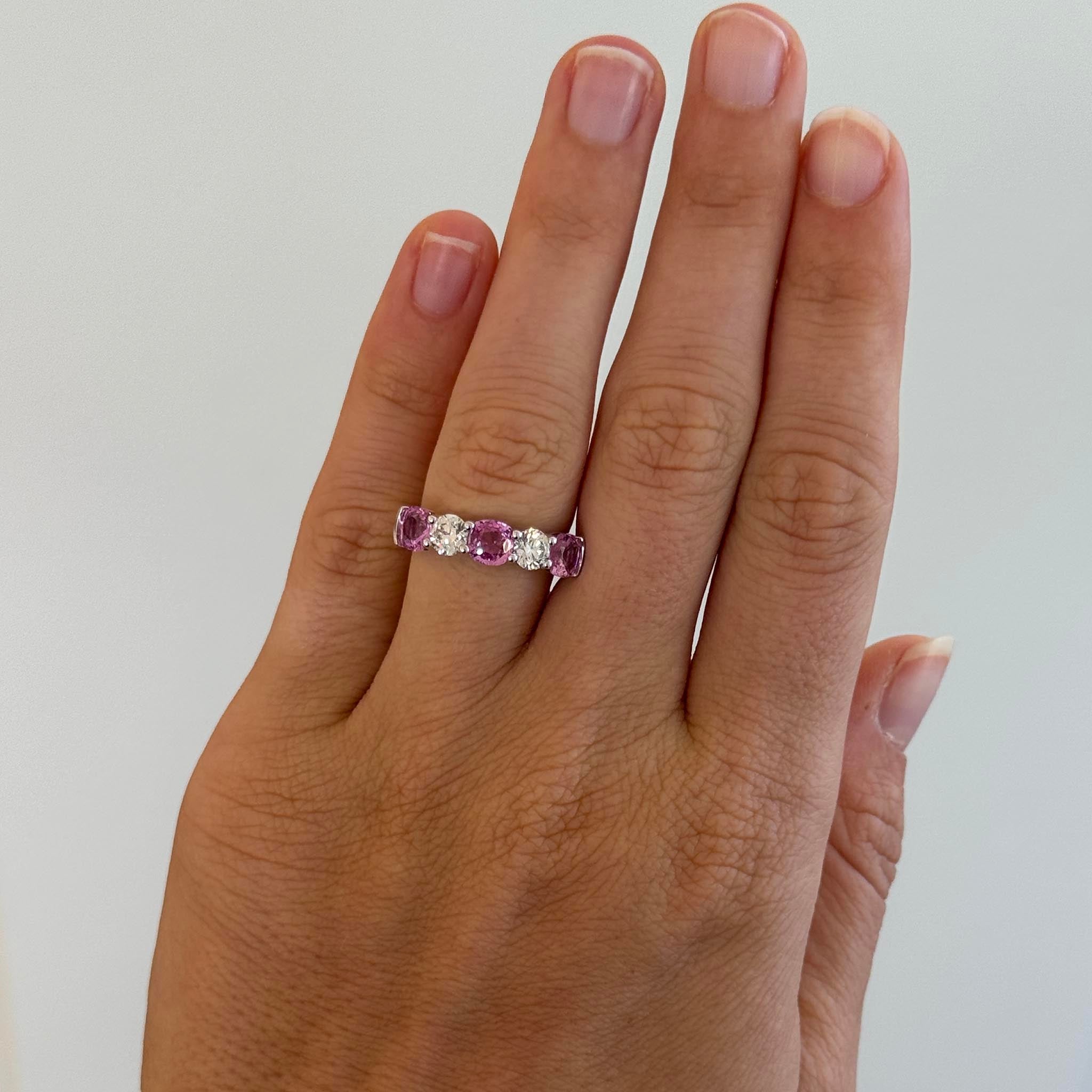Cushion Pink Sapphire & Round Diamond 18K White Gold Band