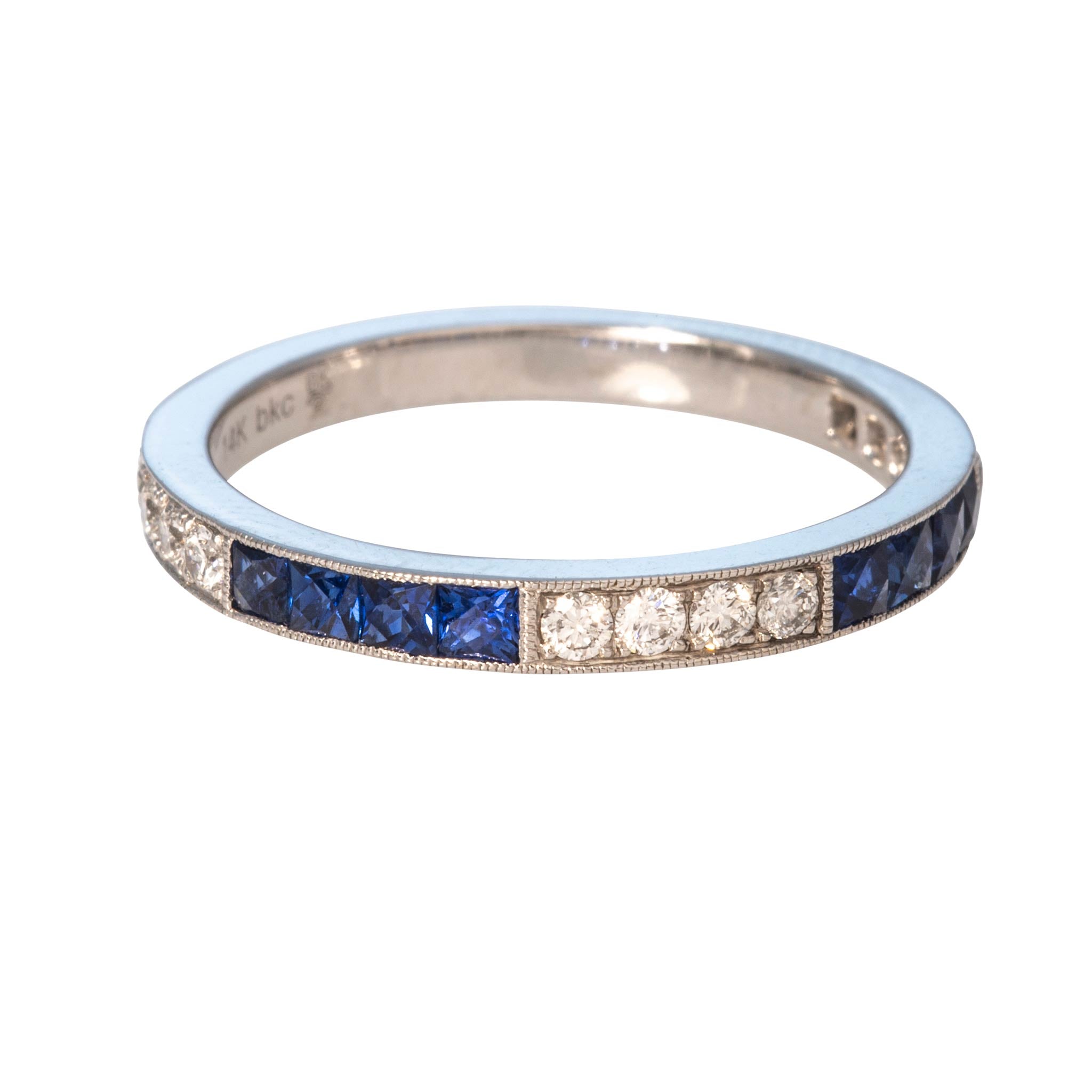 French-Cut Sapphire & Round Diamond Milgrain 14K White Gold Band