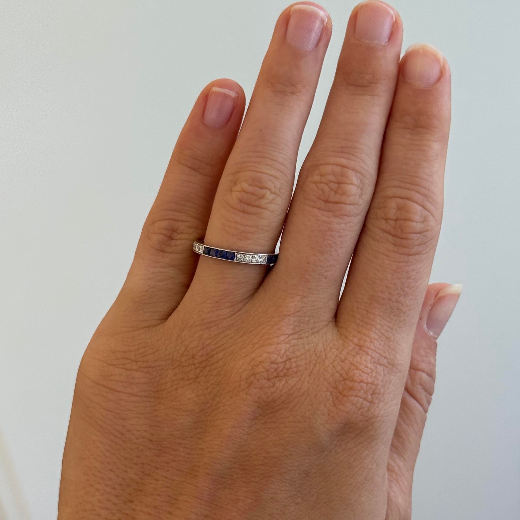 French-Cut Sapphire & Round Diamond Milgrain 14K White Gold Band