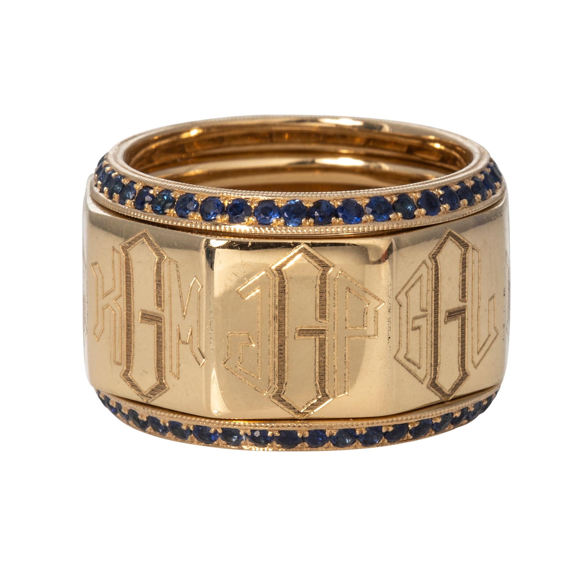 Sapphire 14K Yellow Gold Milgrain Angled Eternity Band guards and Engraved Family Ring stack