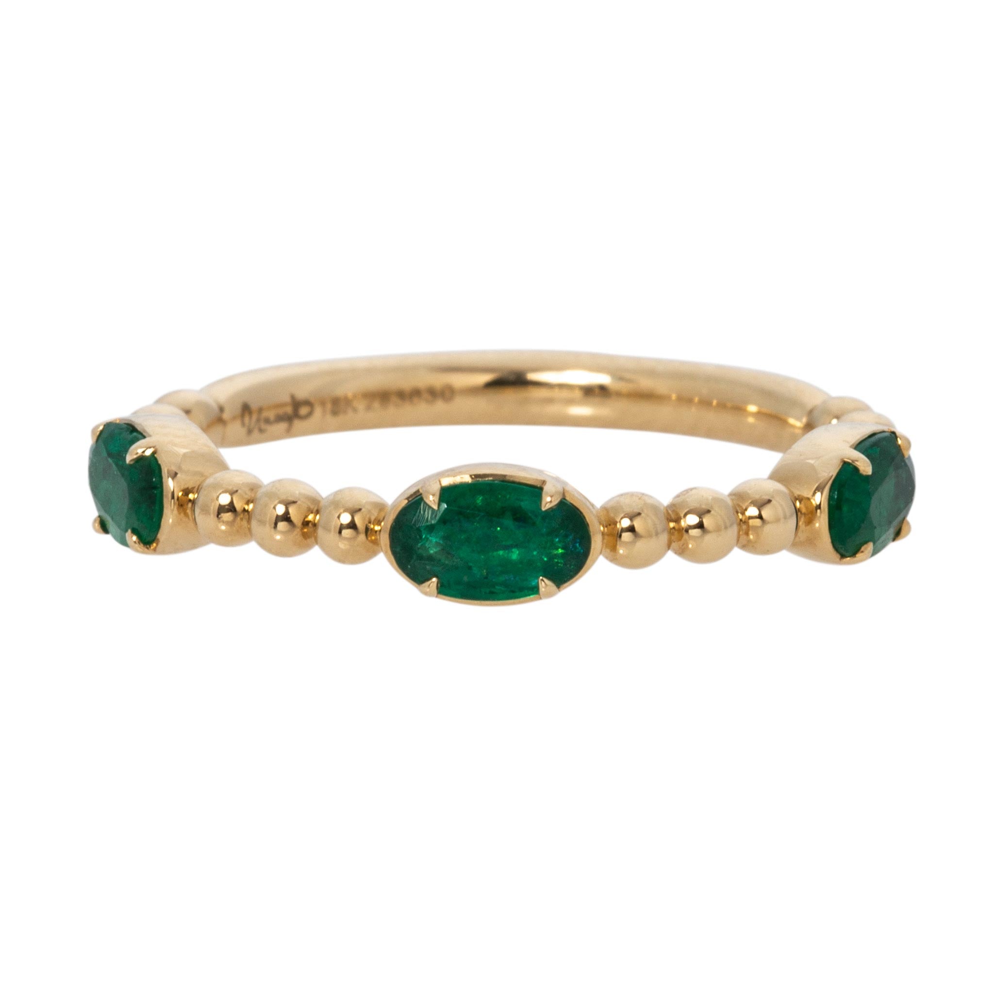 Oval Emerald Three-Stone 18K Yellow Gold Beaded Band