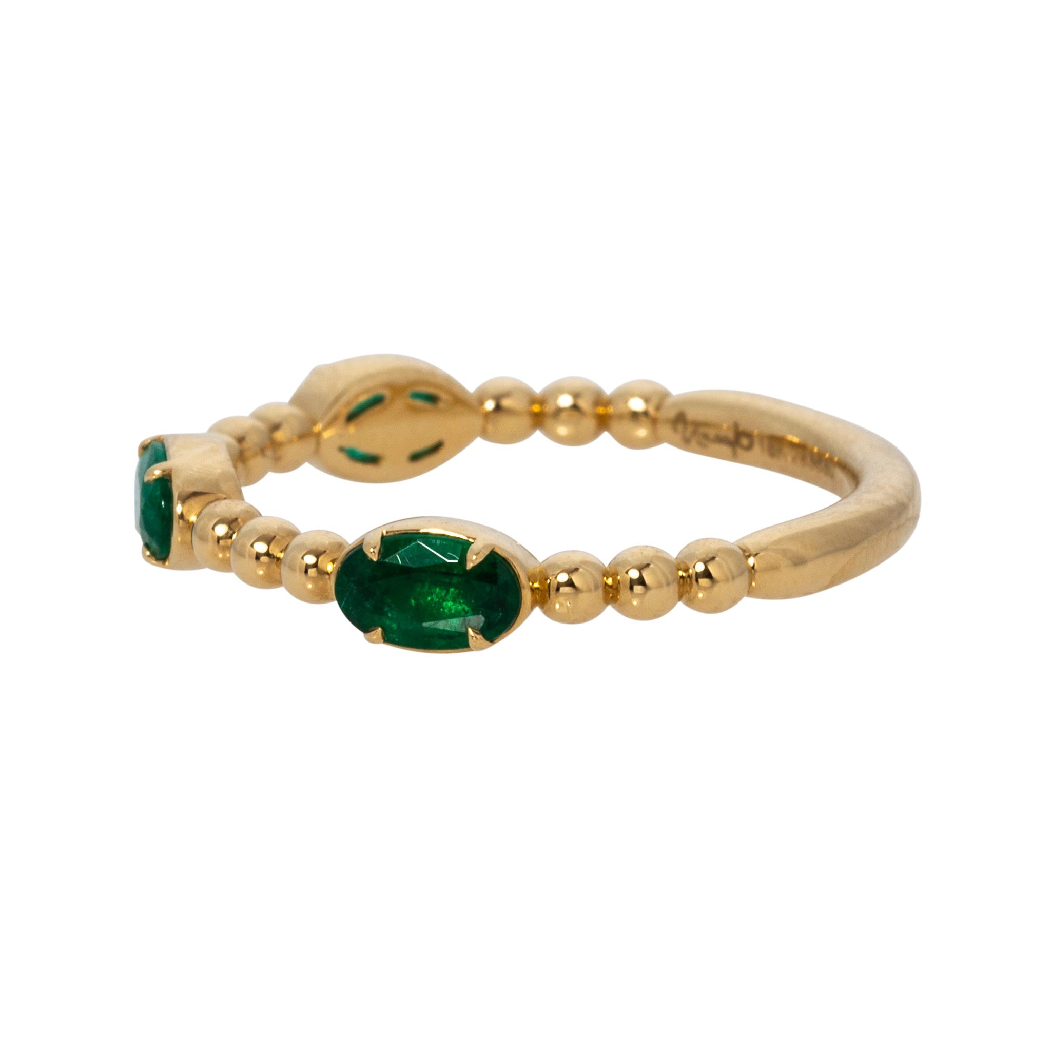 Oval Emerald Three-Stone 18K Yellow Gold Beaded Band