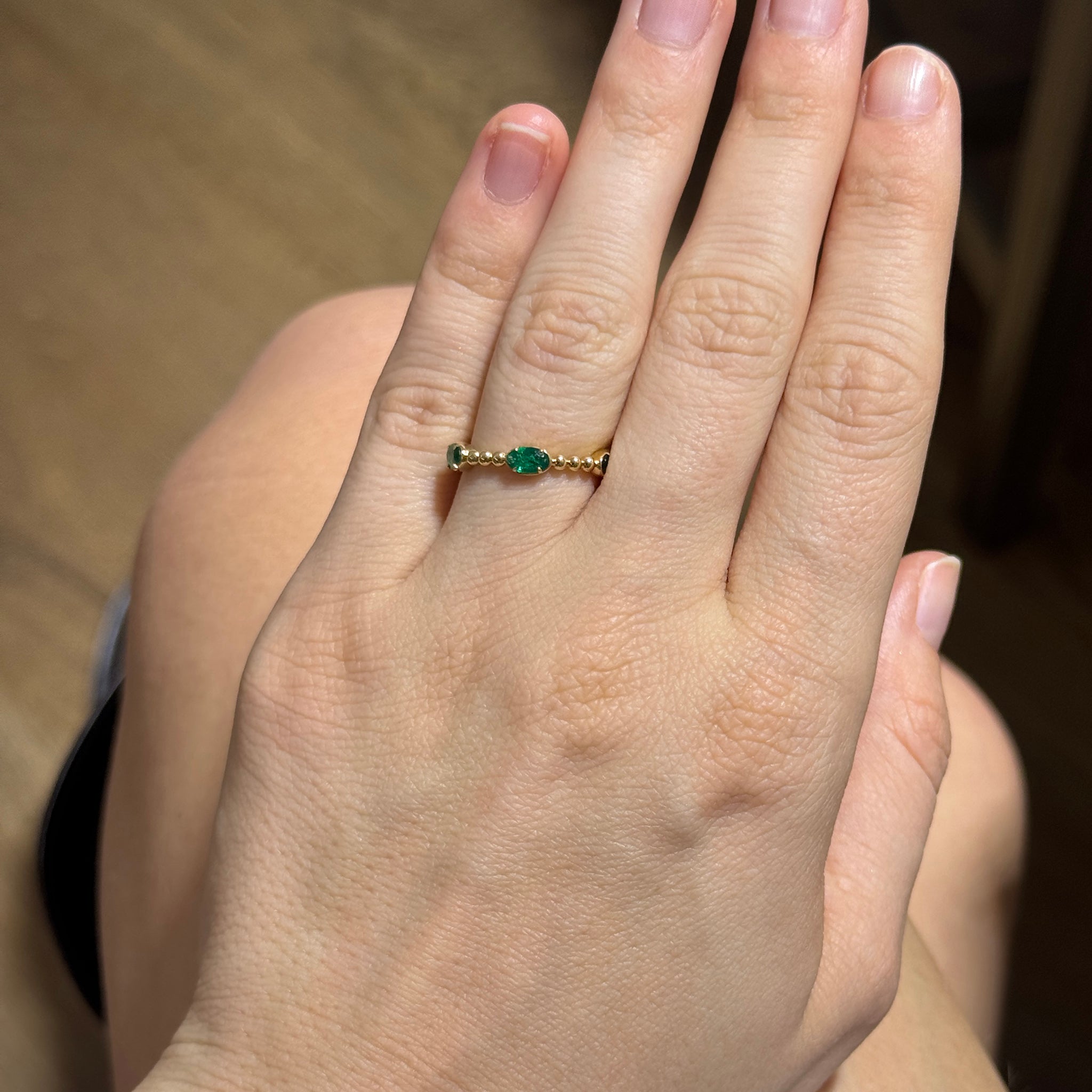 Oval Emerald Three-Stone 18K Yellow Gold Beaded Band