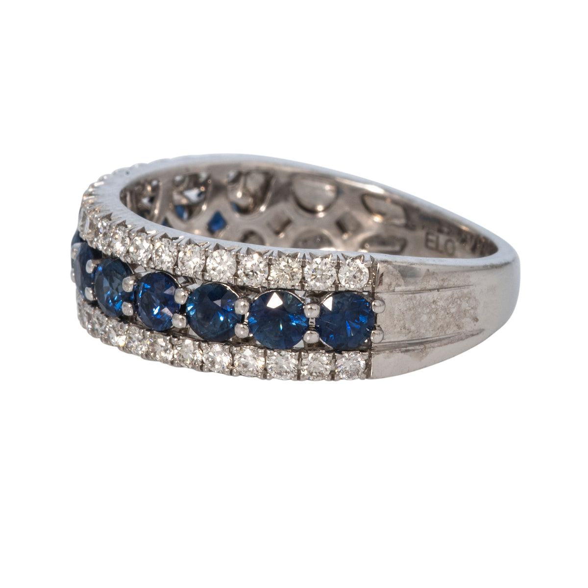 Round Sapphire & Diamond 3-Row 14K White Gold Ring