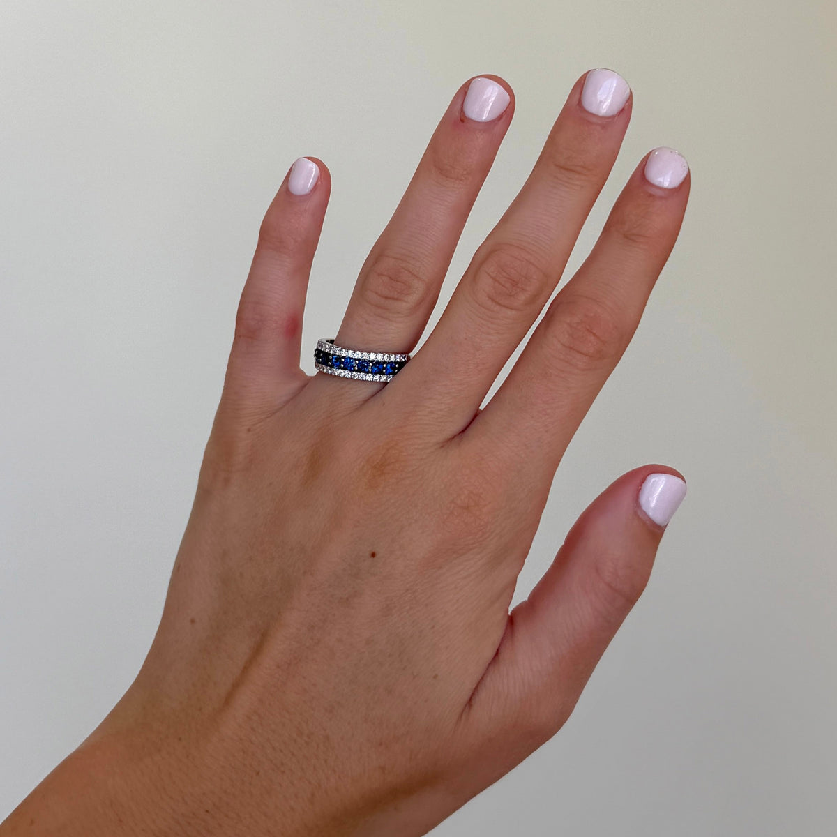 Round Sapphire & Diamond 3-Row 14K White Gold Ring