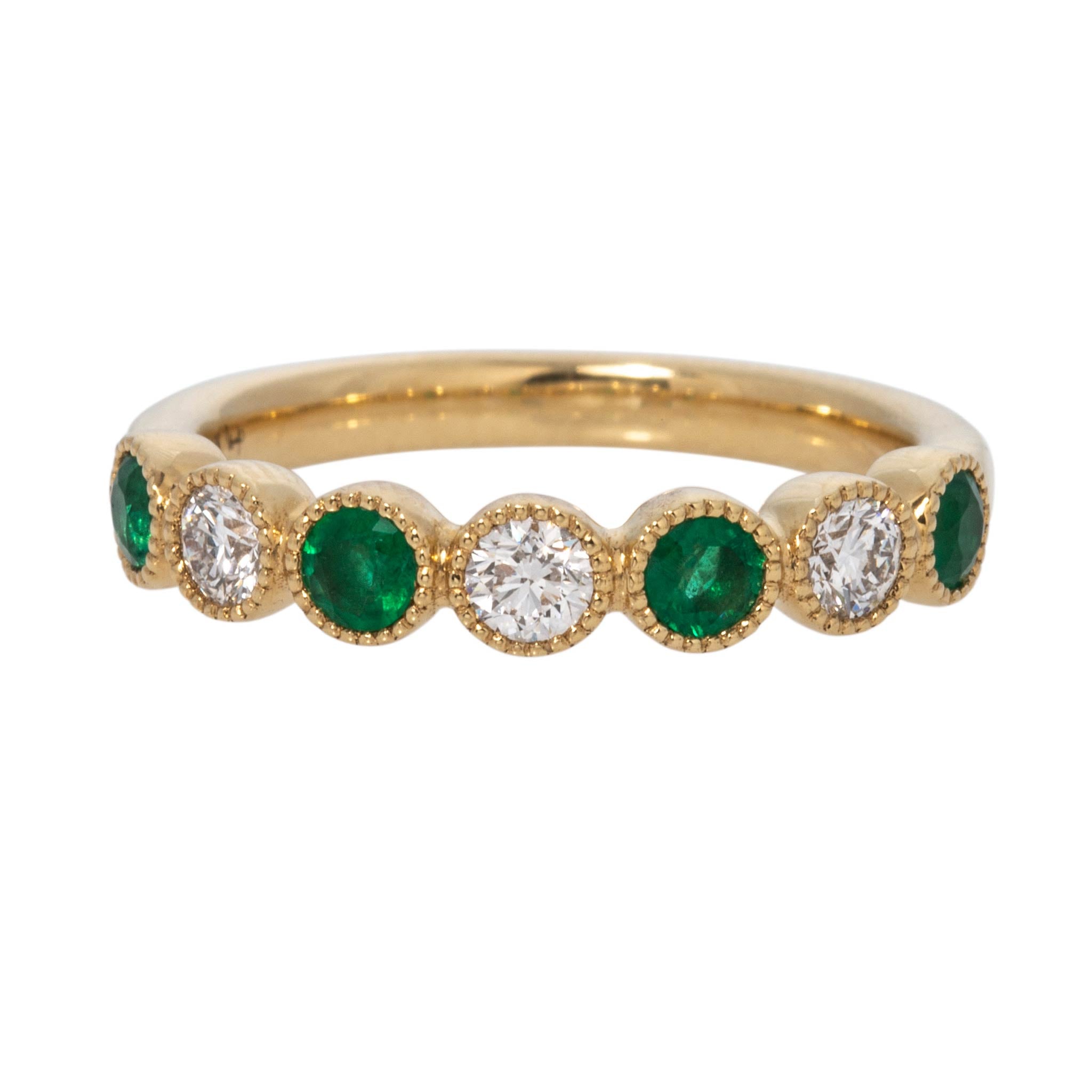 Emerald & Diamond Bezel Milgrain 18K Yellow Gold Halfway Band