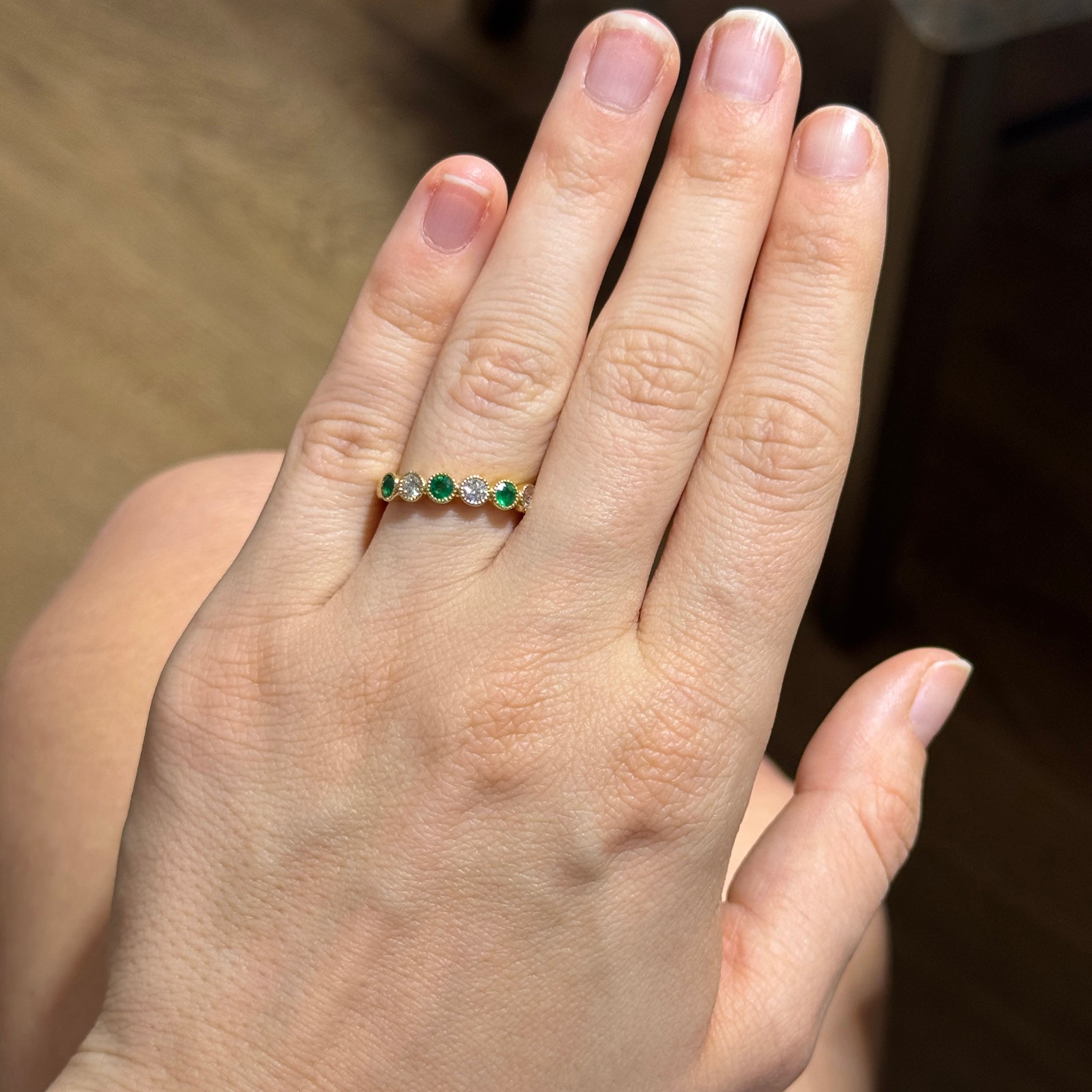 Emerald & Diamond Bezel Milgrain 18K Yellow Gold Halfway Band