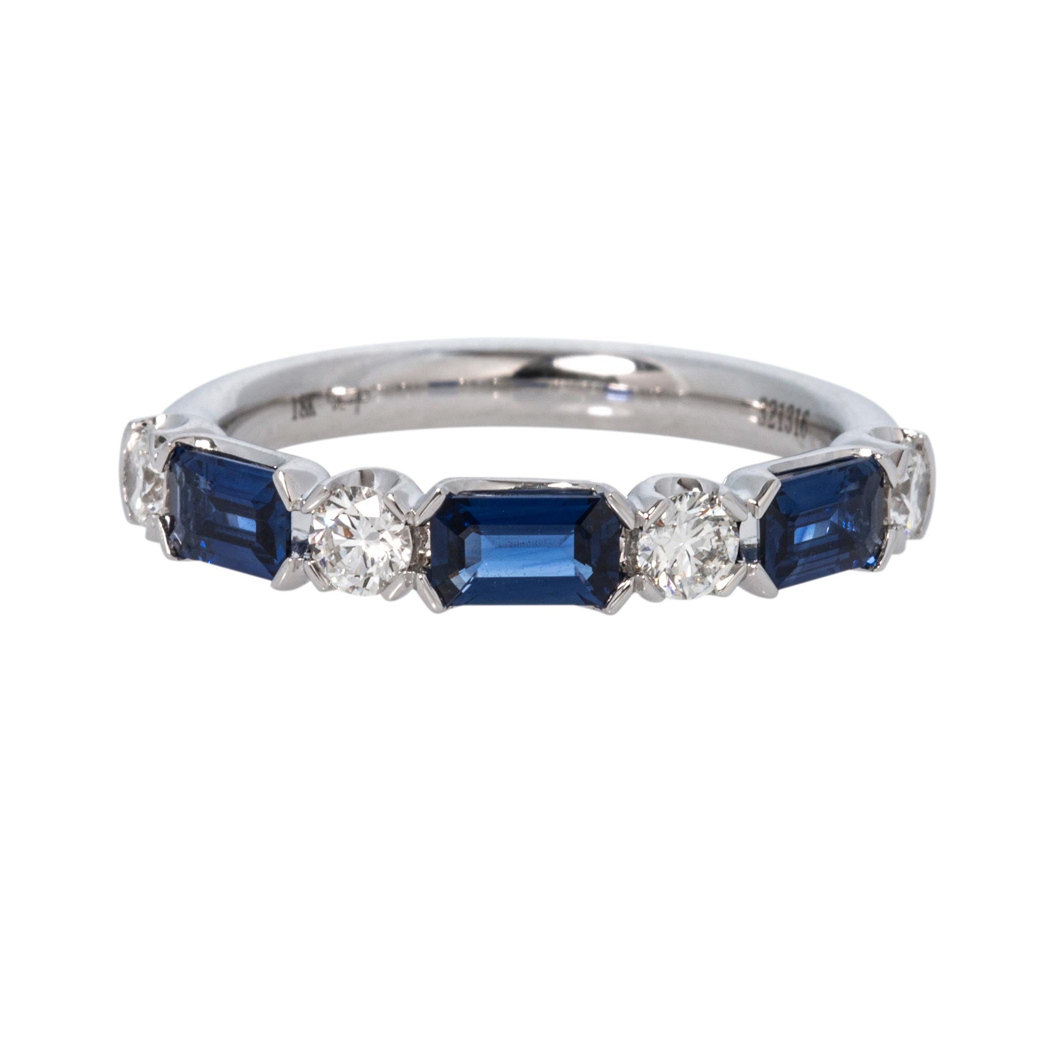Emerald-Cut Sapphire & Round Diamond 18K White Gold Band