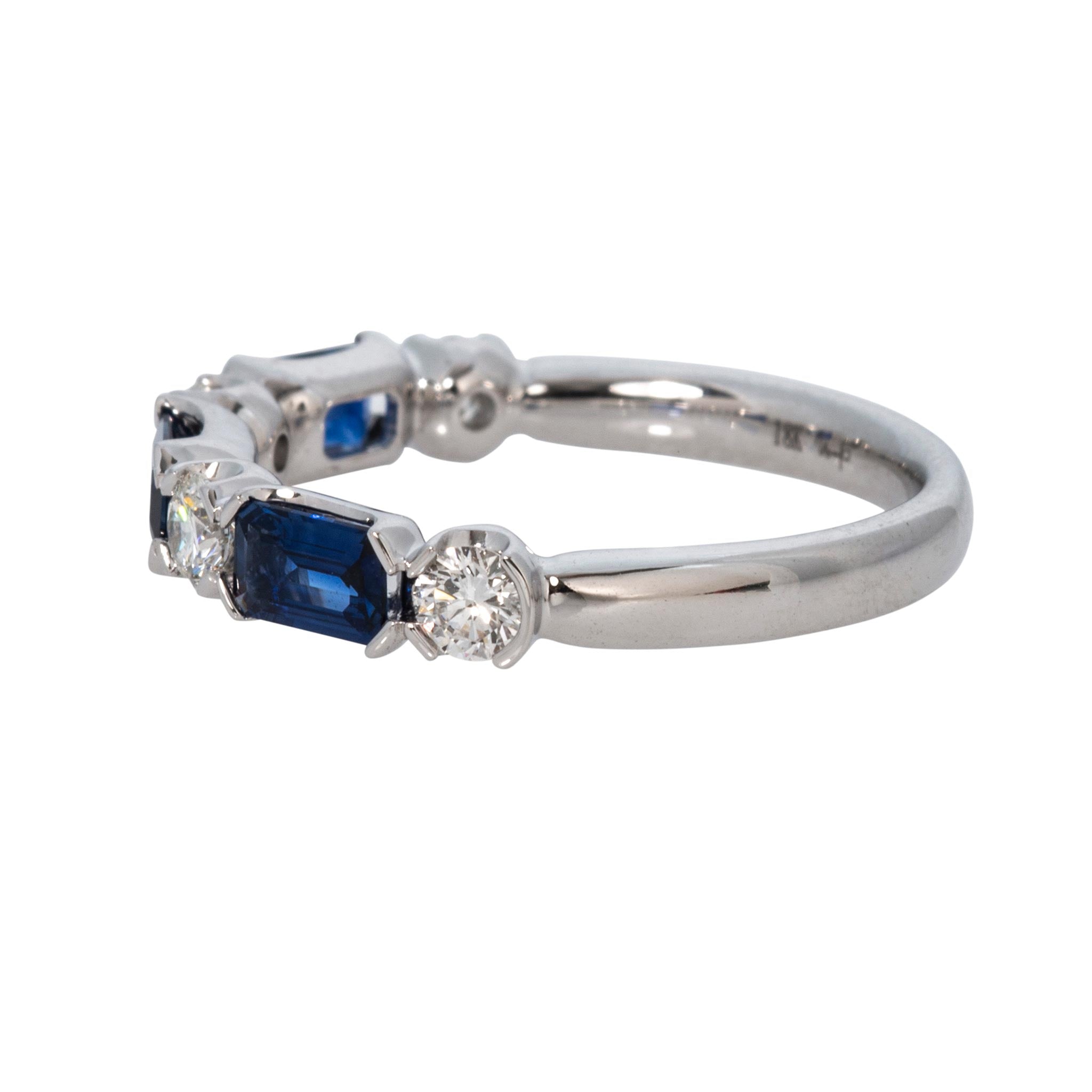 Emerald-Cut Sapphire & Round Diamond 18K White Gold Band