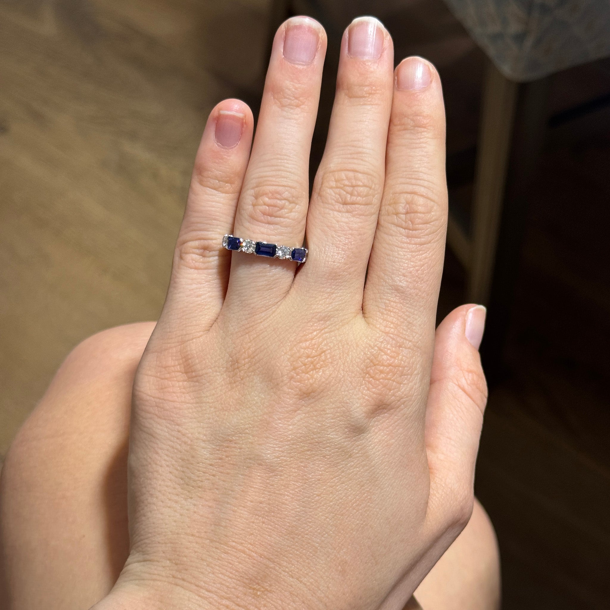 Emerald-Cut Sapphire & Round Diamond 18K White Gold Band