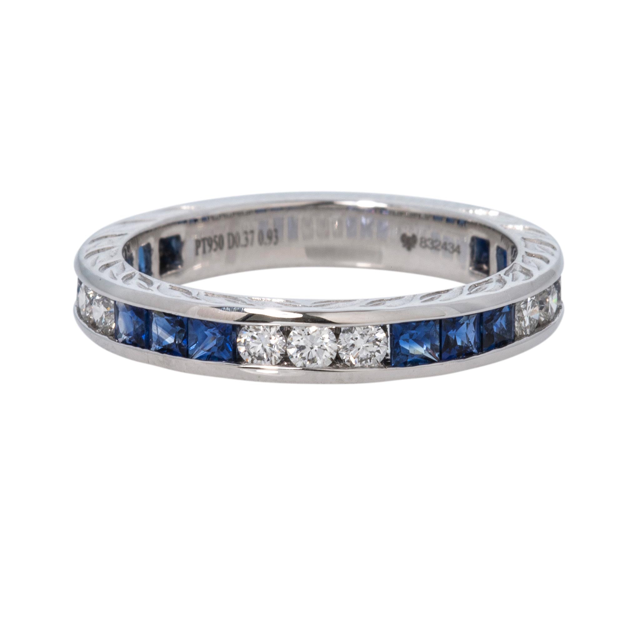 Sapphire & Diamond Channel-Set Three-Quarter Engraved Platinum Band