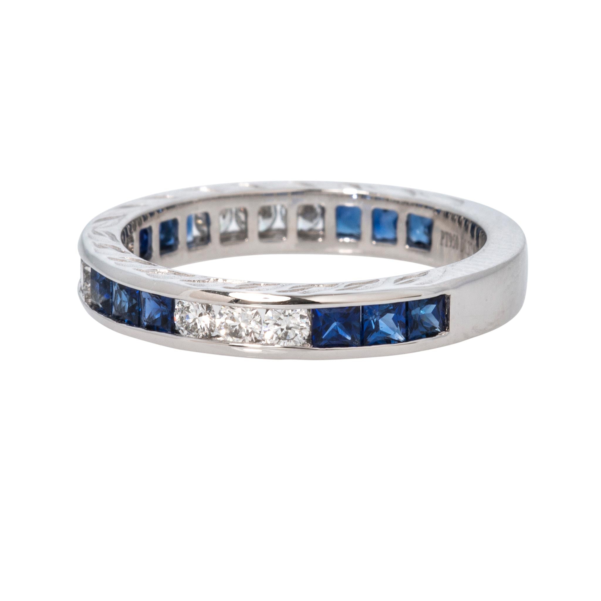 Sapphire & Diamond Channel-Set Three-Quarter Engraved Platinum Band