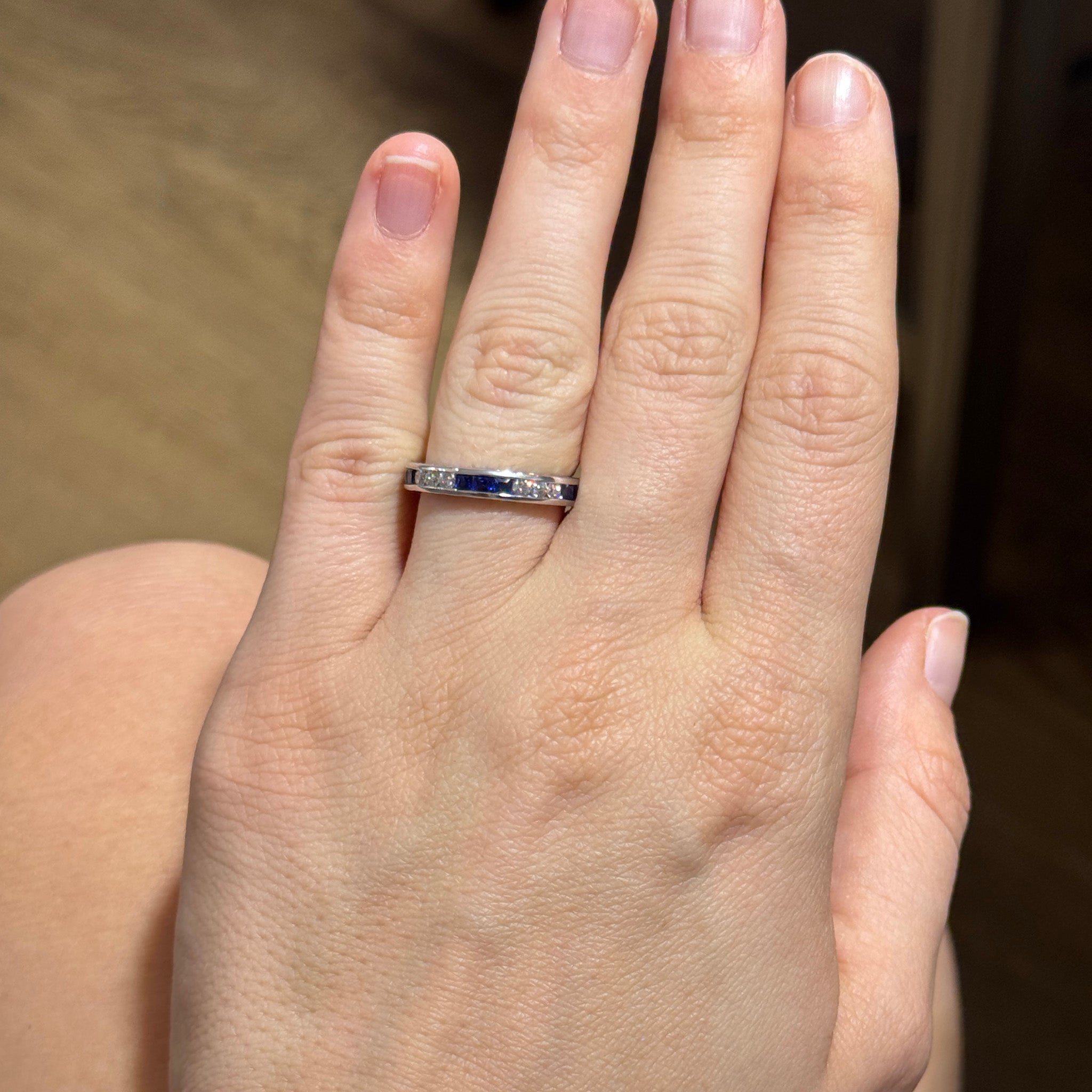 Sapphire & Diamond Channel-Set Three-Quarter Engraved Platinum Band