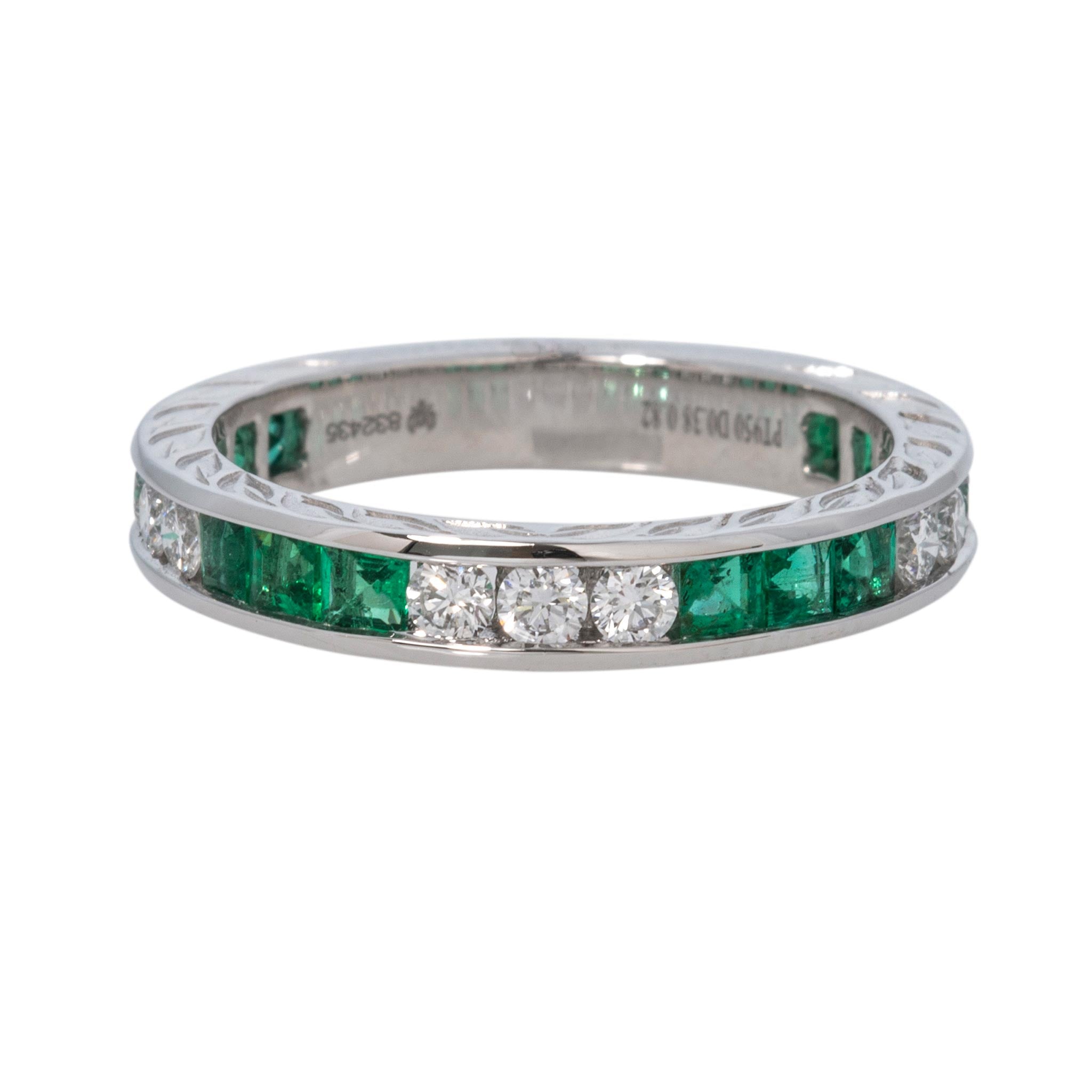 Emerald & Diamond Channel-Set Three-Quarter Engraved Platinum Band