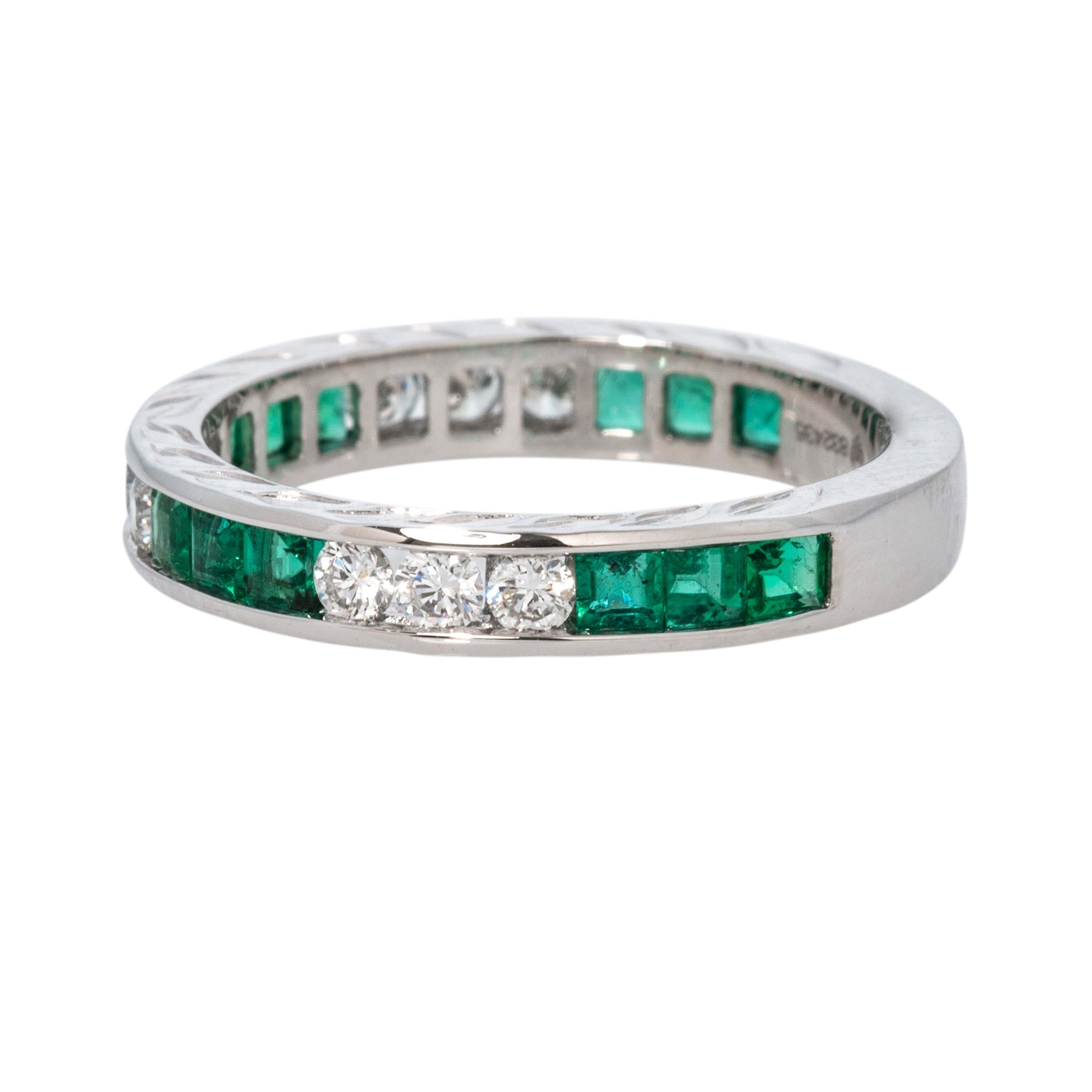 Emerald & Diamond Channel-Set Three-Quarter Engraved Platinum Band