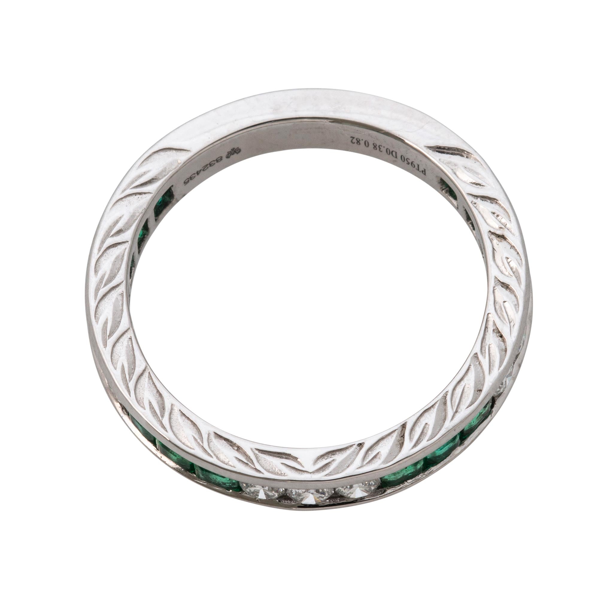 Emerald & Diamond Channel-Set Three-Quarter Engraved Platinum Band