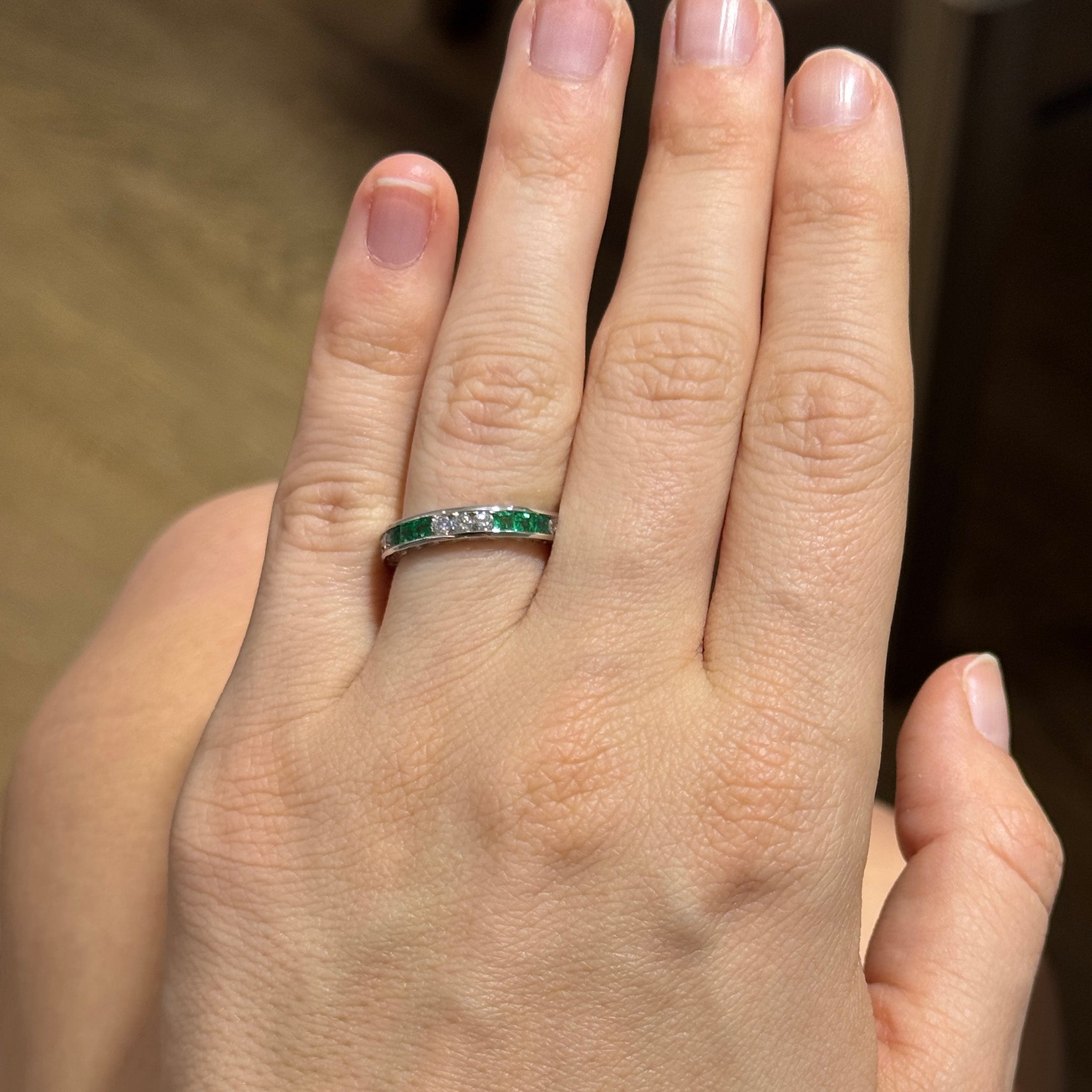 Emerald & Diamond Channel-Set Three-Quarter Engraved Platinum Band