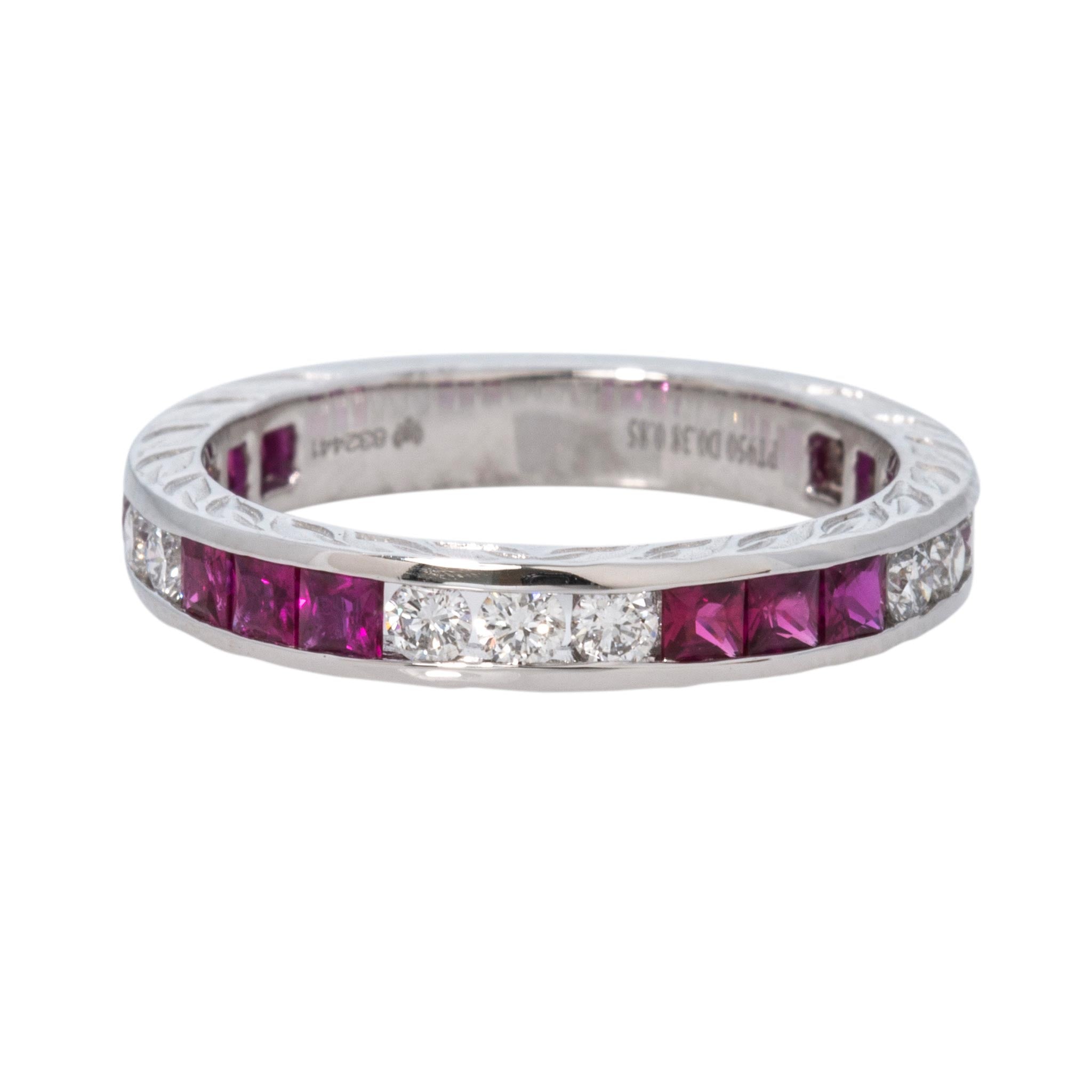 Ruby & Diamond Channel-Set Three-Quarter Engraved Platinum Band
