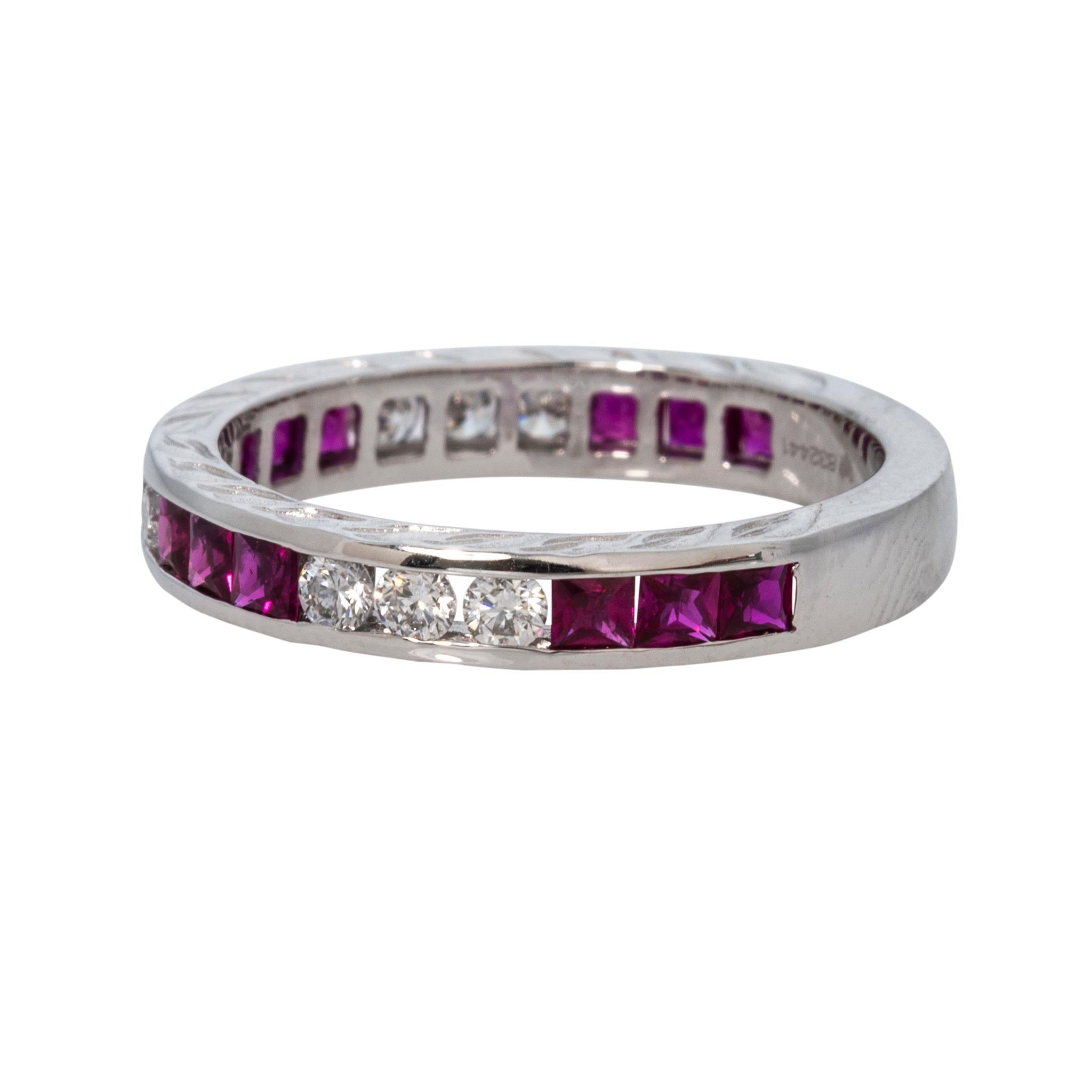 Ruby & Diamond Channel-Set Three-Quarter Engraved Platinum Band