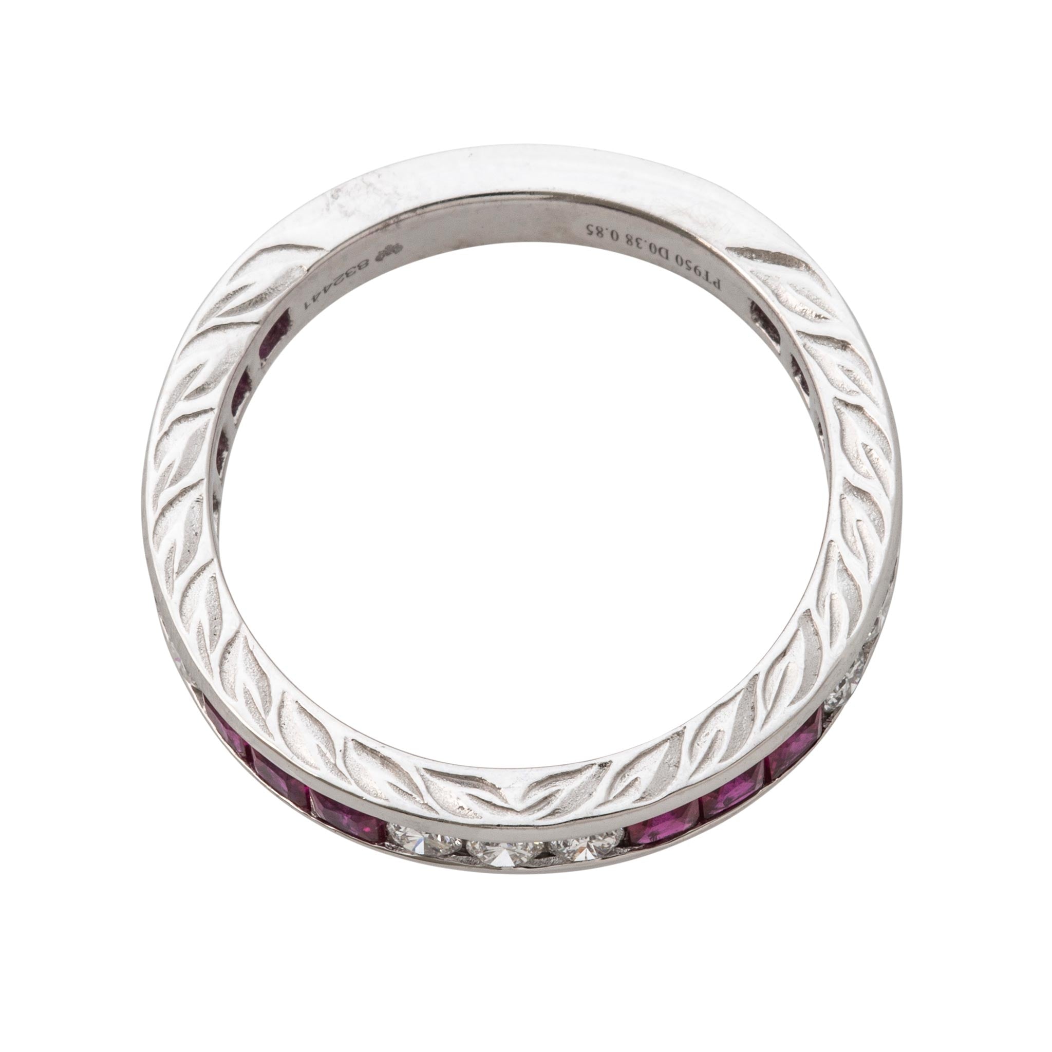 Ruby & Diamond Channel-Set Three-Quarter Engraved Platinum Band