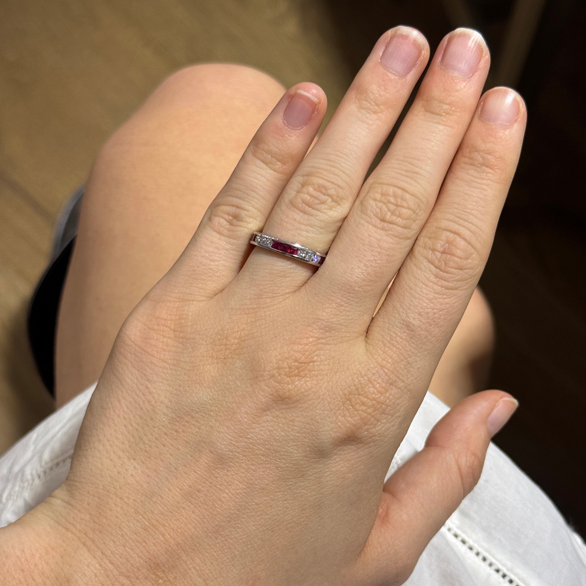 Ruby & Diamond Channel-Set Three-Quarter Engraved Platinum Band