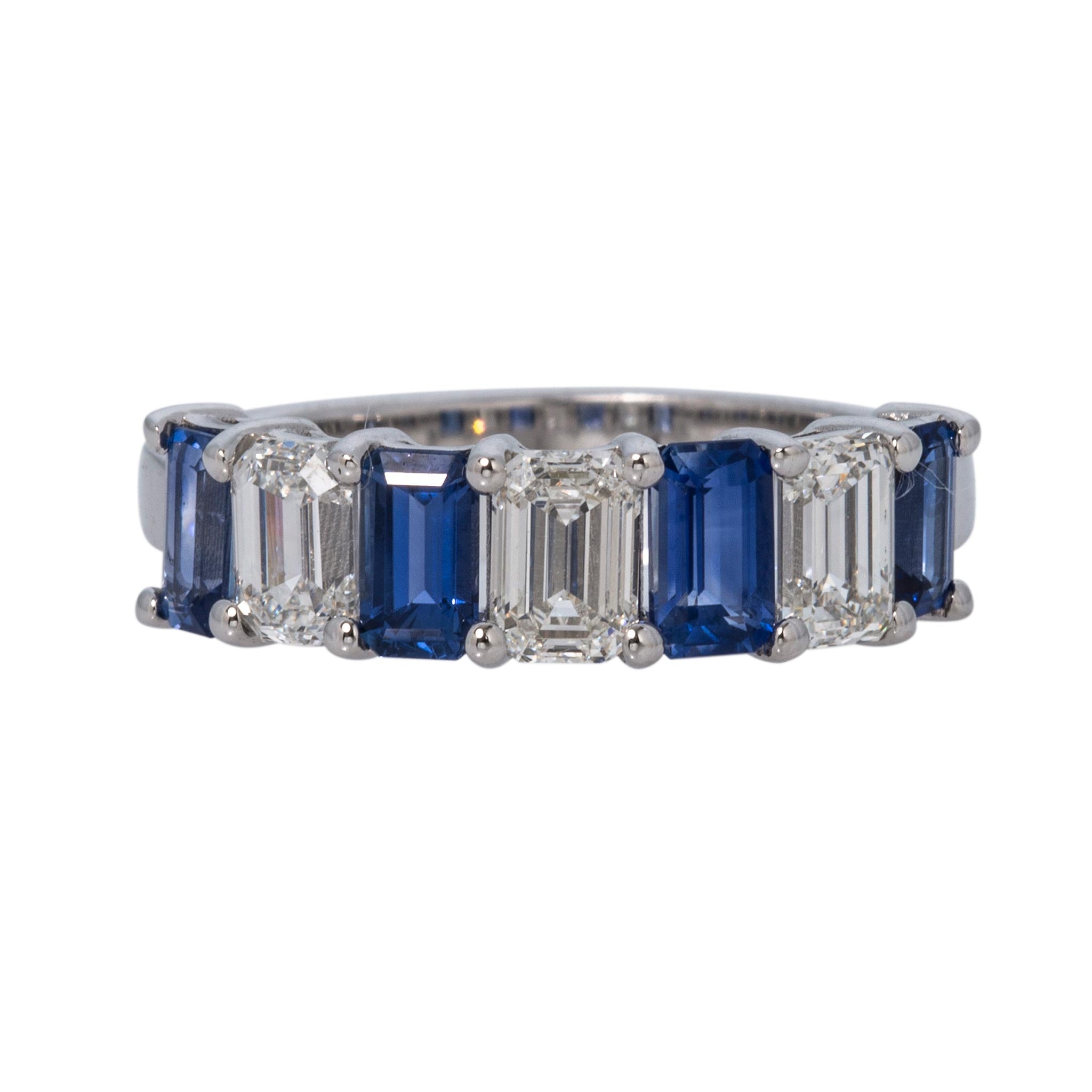 Emerald-Cut Sapphire & Diamond 7-Stone 14K White Gold Band