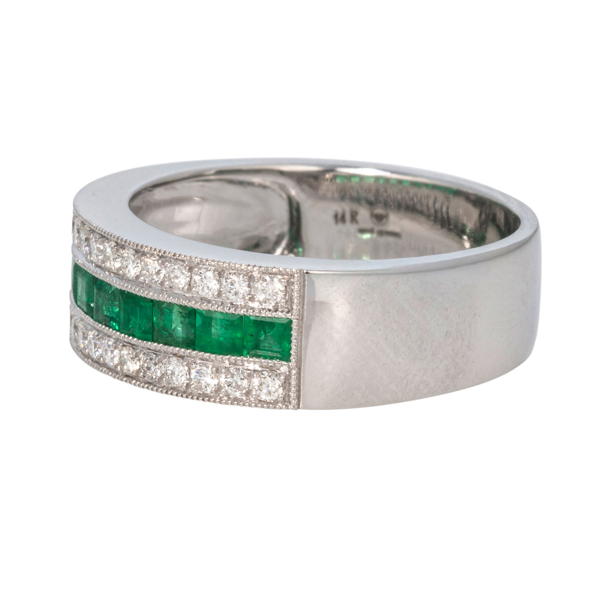 Channel-Set Emerald & Pavé Diamond 14K White Gold Band