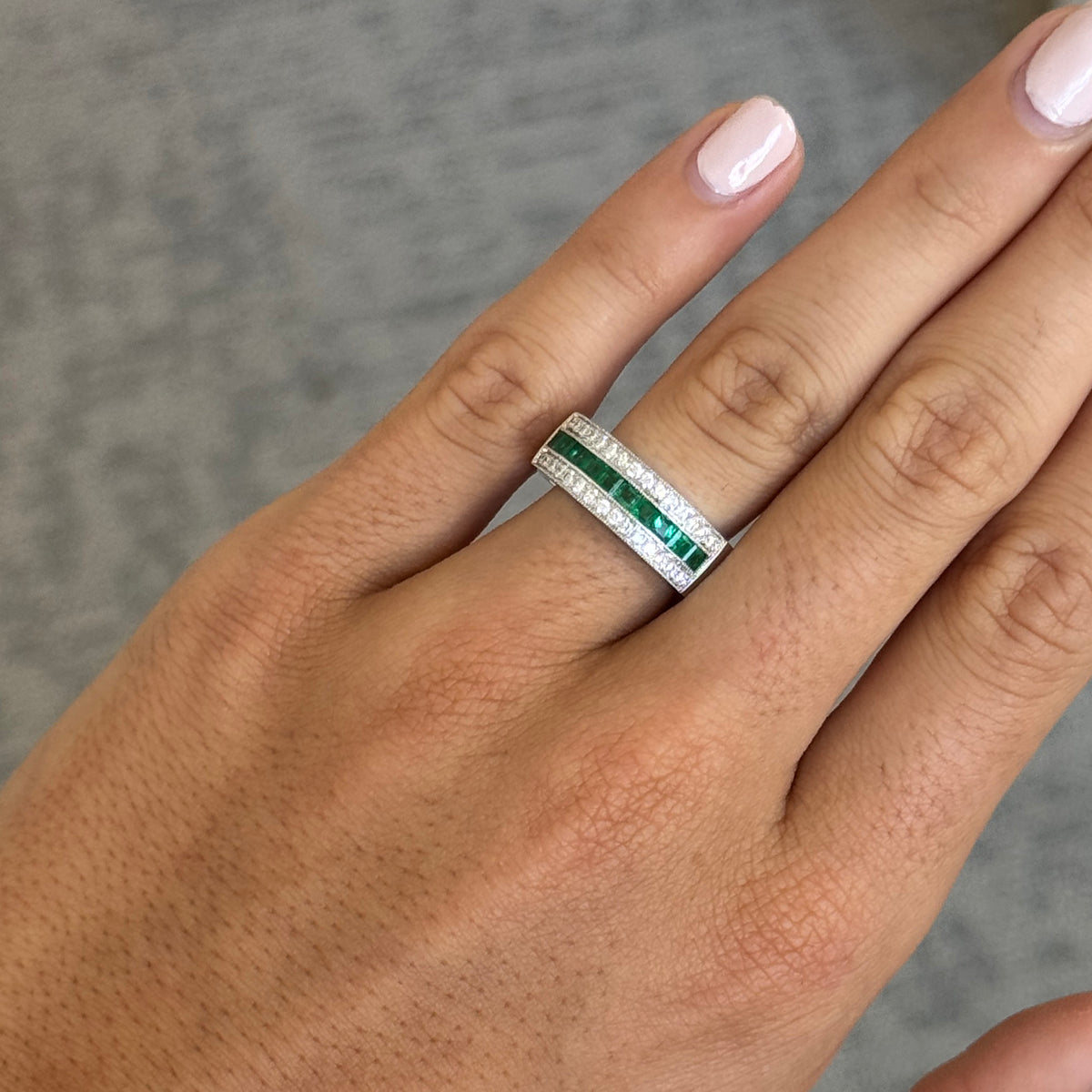 Channel-Set Emerald & Pavé Diamond 14K White Gold Band