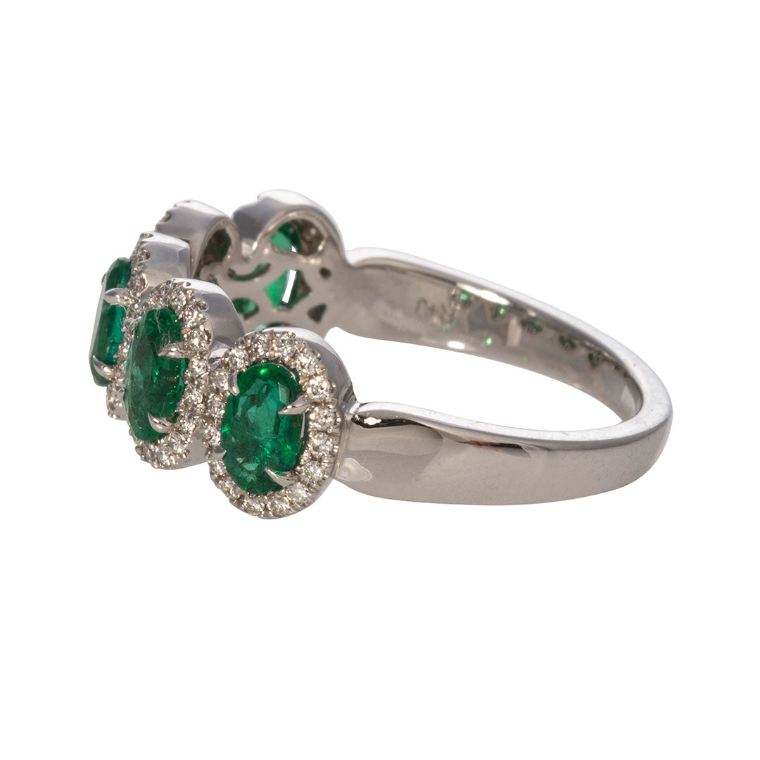 Five Stone Oval Emerald & Diamond Halo 14K White Gold Ring