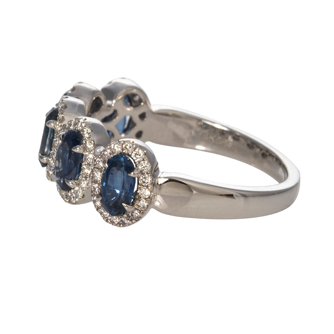 Five Stone Oval Sapphire & Diamond Halo 14K White Gold Ring