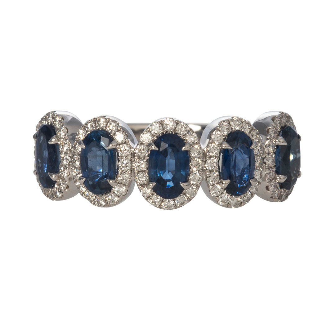 Five Stone Oval Sapphire & Diamond Halo 14K White Gold Ring