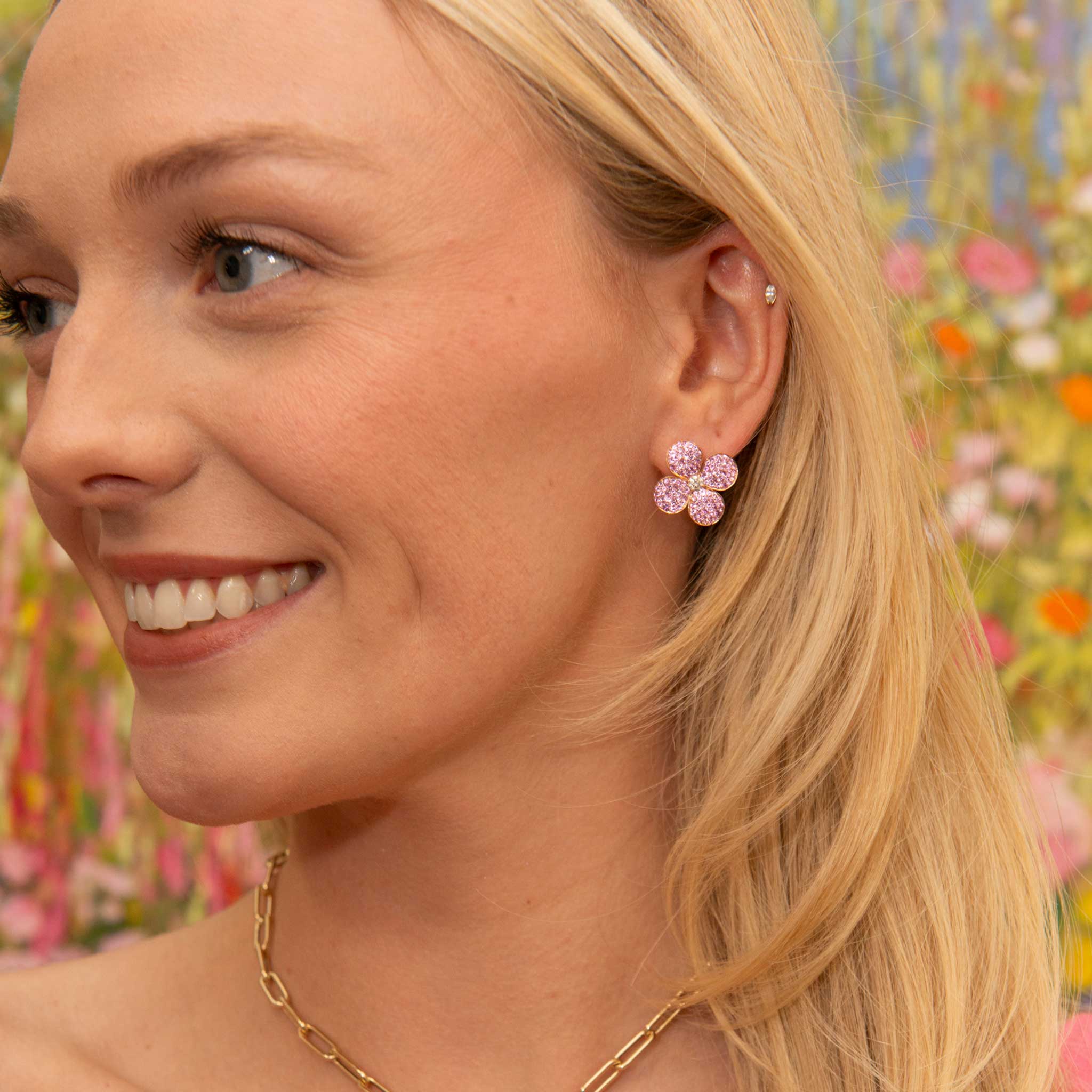 Diamond & Pink Sapphire Pavé 18K Rose Gold Flower Earrings