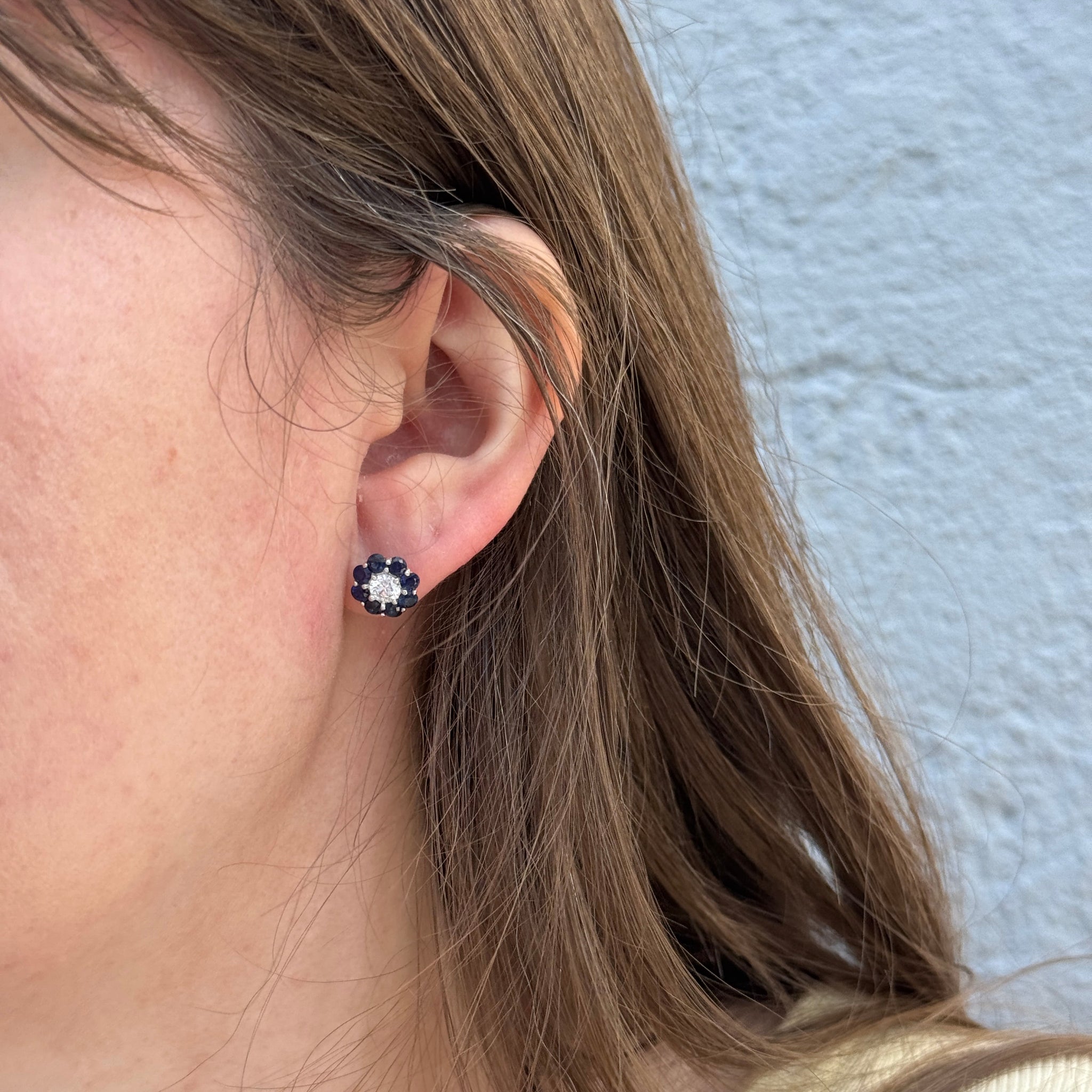 Blue Sapphire & Diamond 14K Gold Flower Stud Earrings Styled