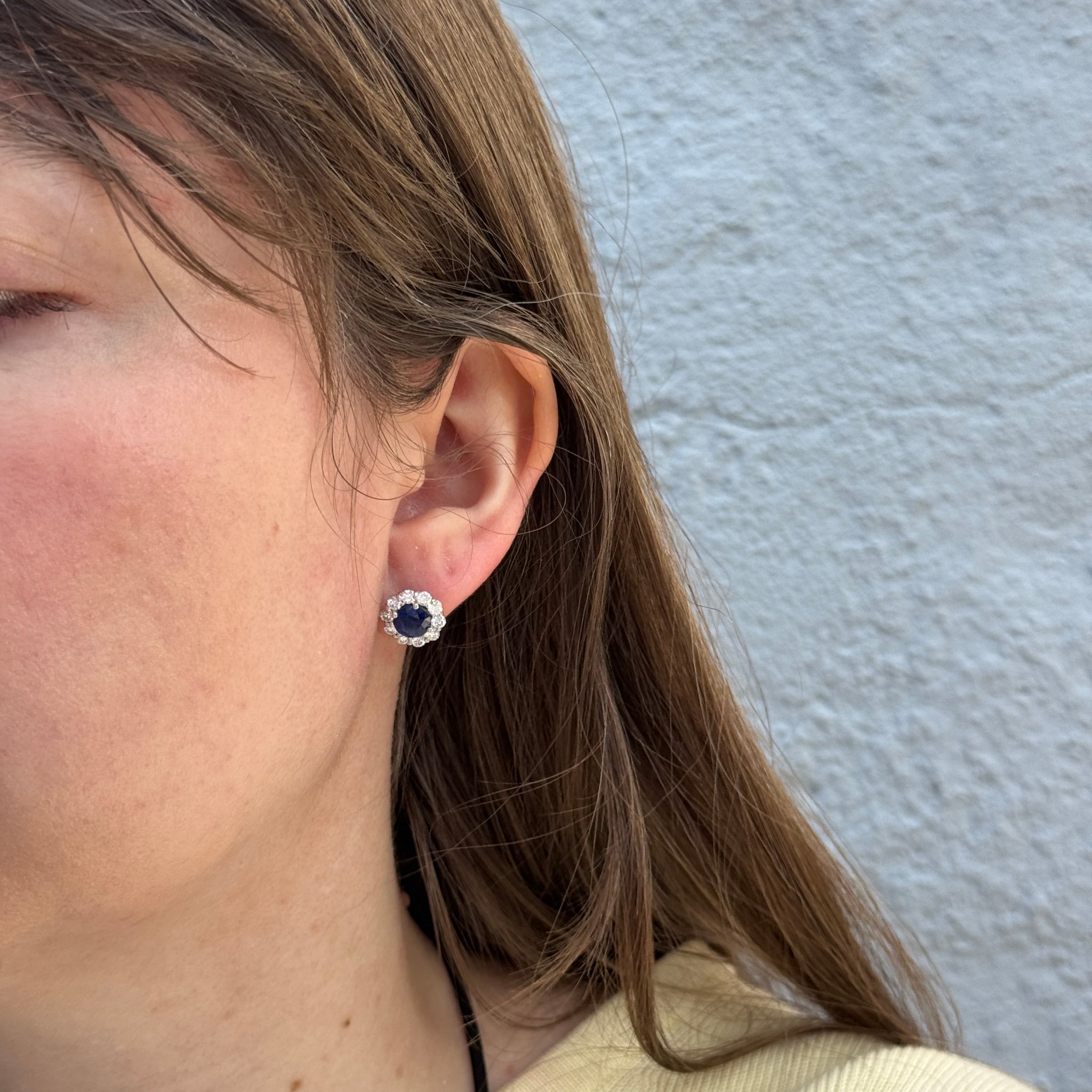 Round Sapphire & Diamond 18K White Gold Stud Earrings