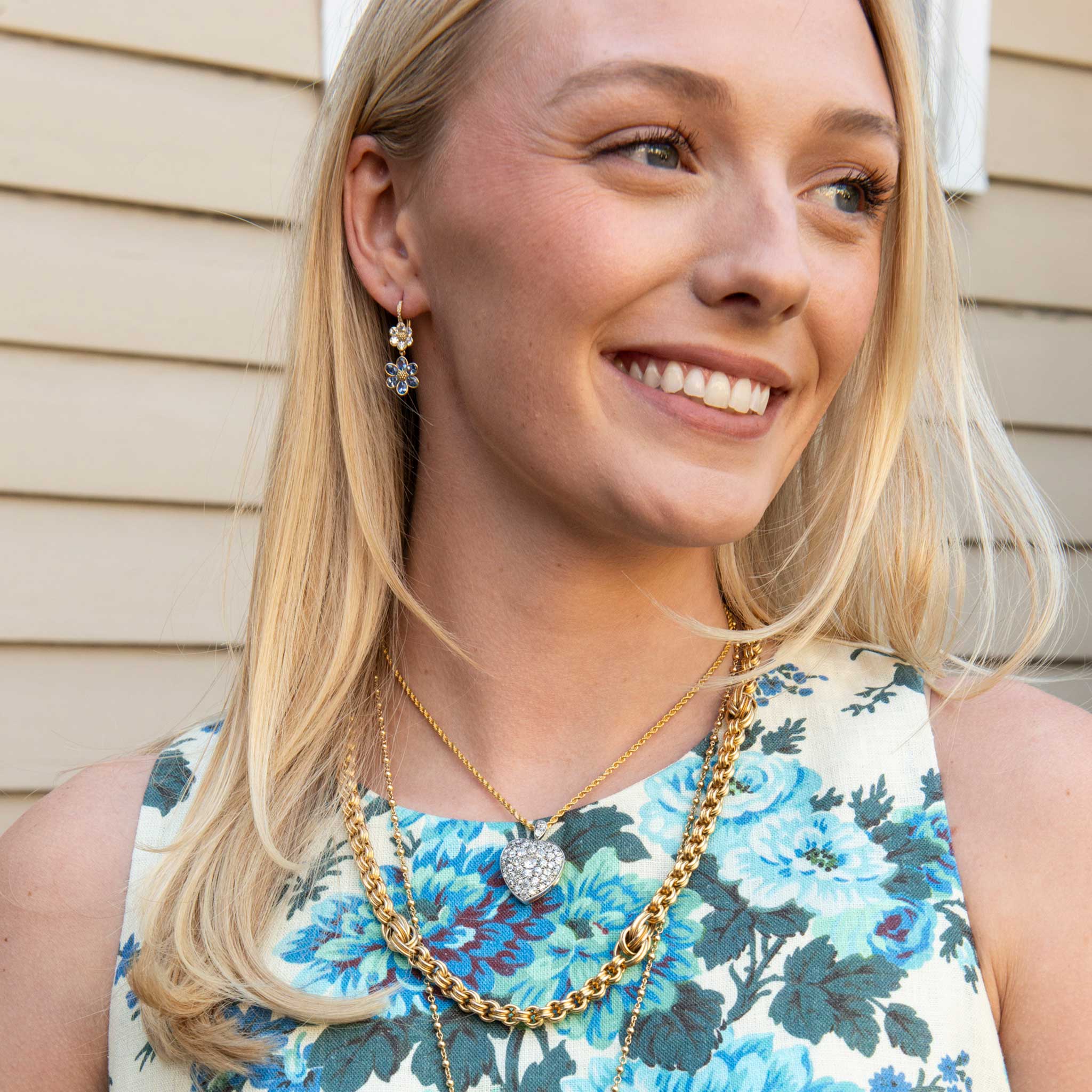 Temple St. Clair Diamond & Blue Sapphire Fiori Drop Earrings, Victorian 14K Yellow Gold Mixed Link Chain Necklace