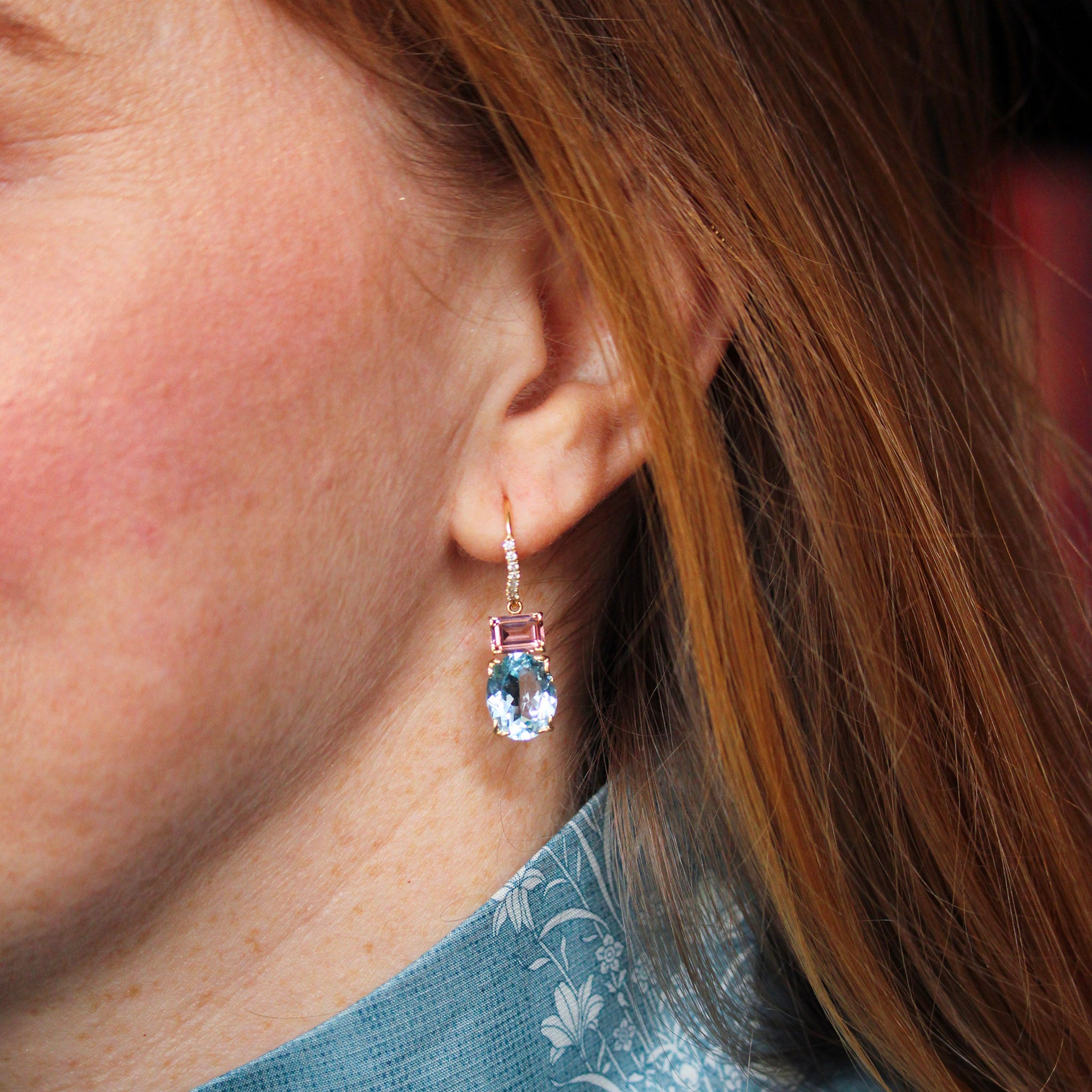 Blue Topaz & Pink Tourmaline 14K Gold River Earrings