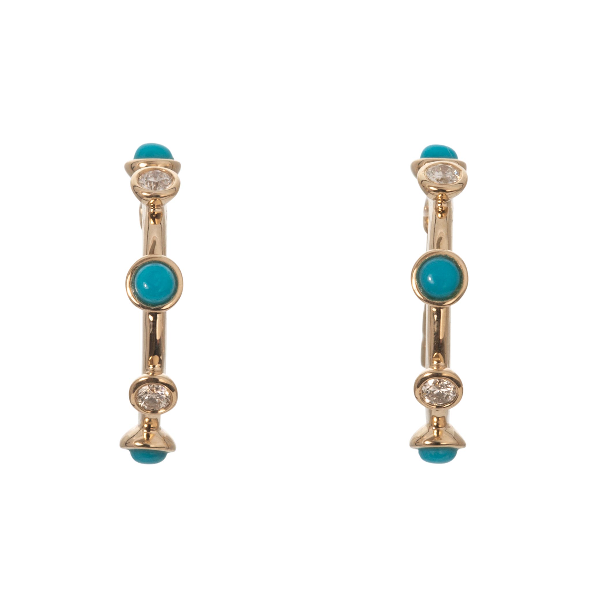 Turquoise & Diamond Bezel Set 14K Yellow Gold Hoop Earrings