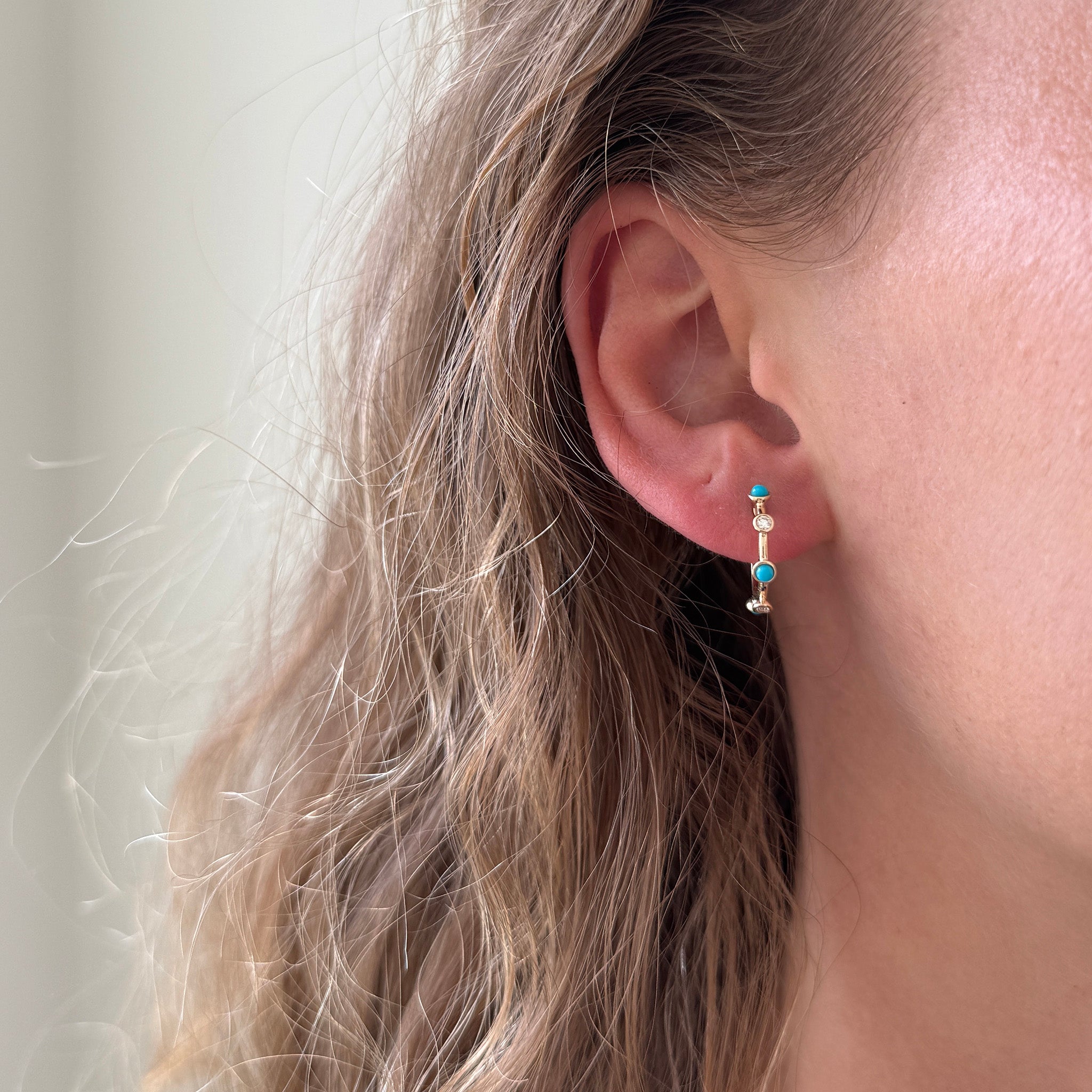 Turquoise & Diamond Bezel Set 14K Yellow Gold Hoop Earrings