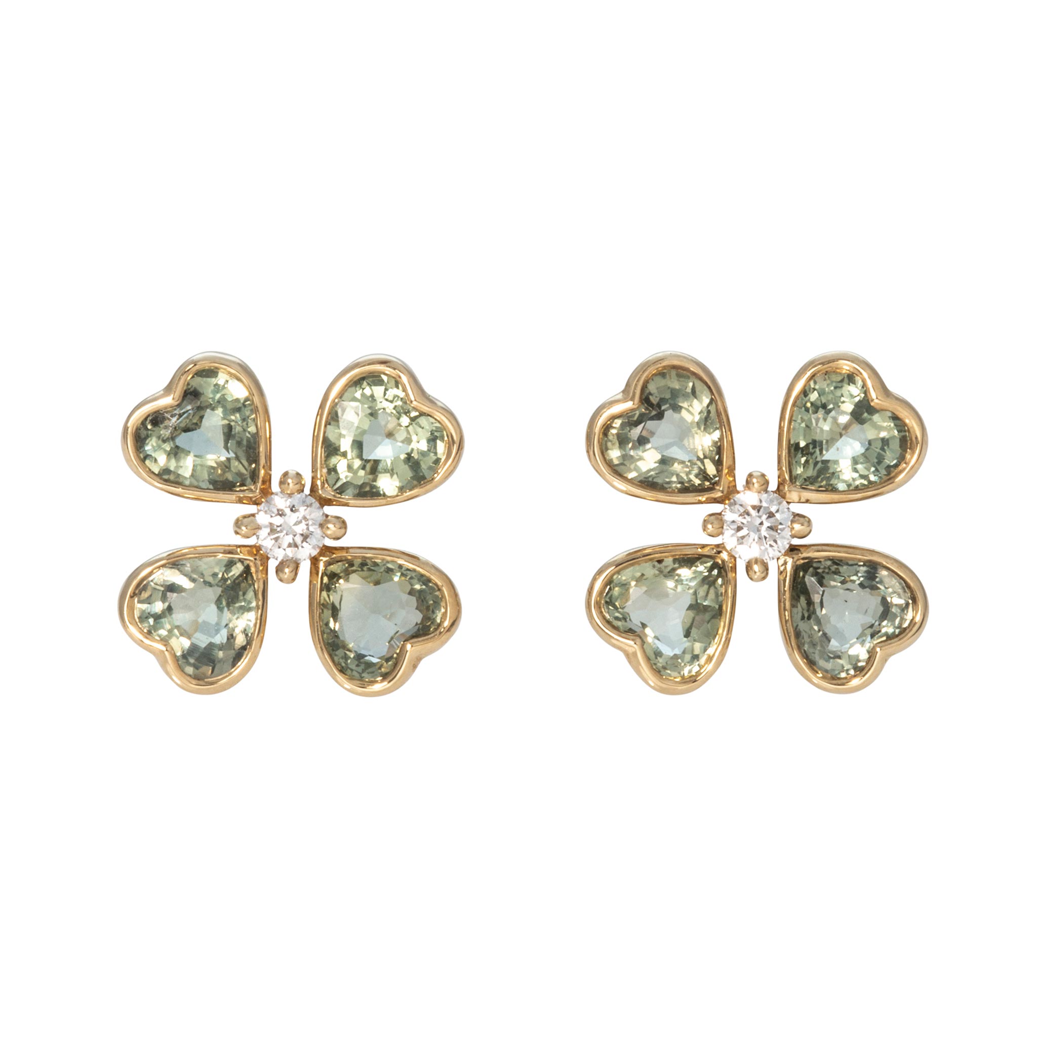 Light Green Sapphire & Diamond 14K Gold Clover Stud Earrings