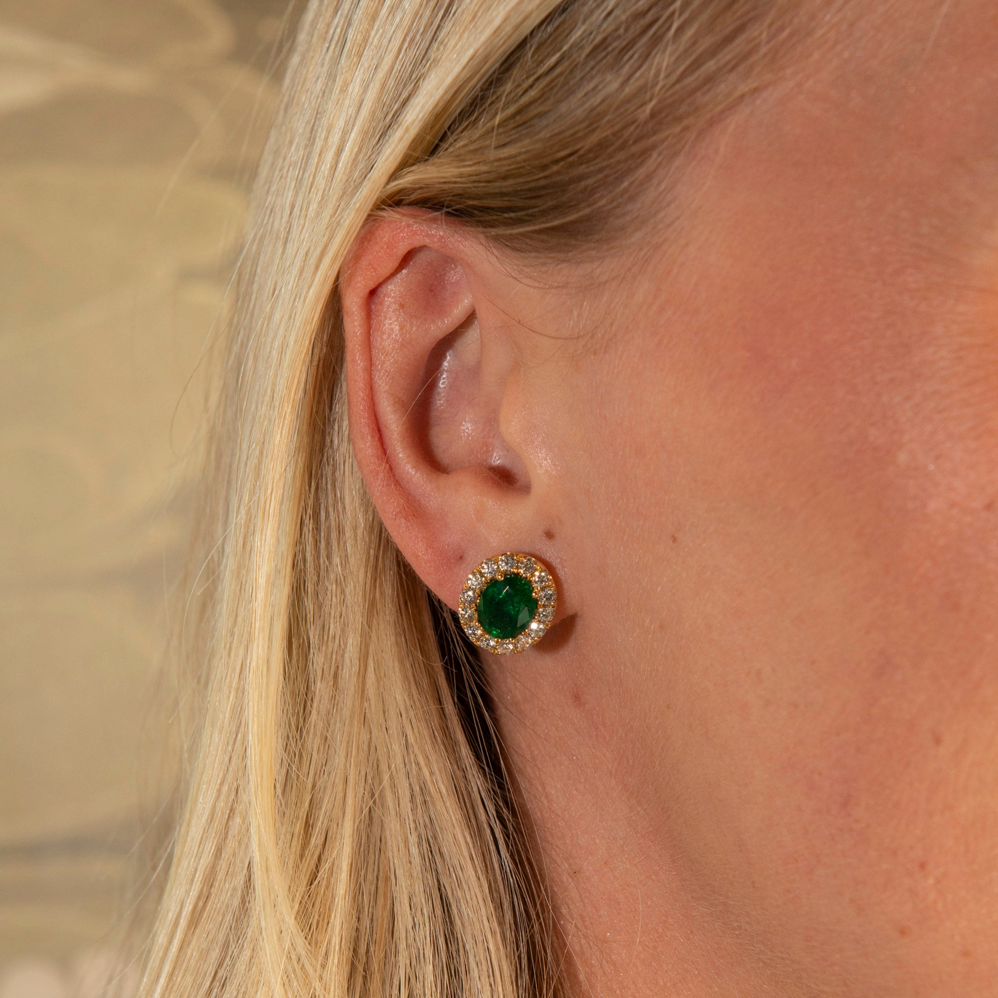 3.92ctw Oval Emerald & Diamond Cluster 18K Gold Stud Earrings