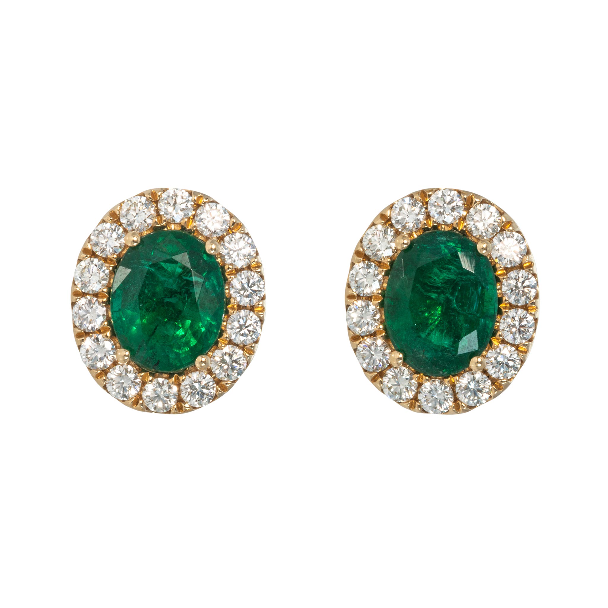 3.92ctw Oval Emerald & Diamond Cluster 18K Gold Stud Earrings