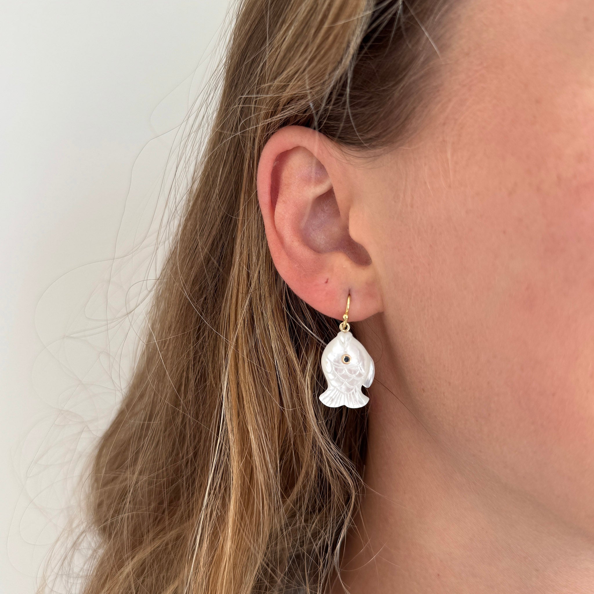 Mazza Mother of Pearl & Sapphire 14K Gold Fish Drop Earrings